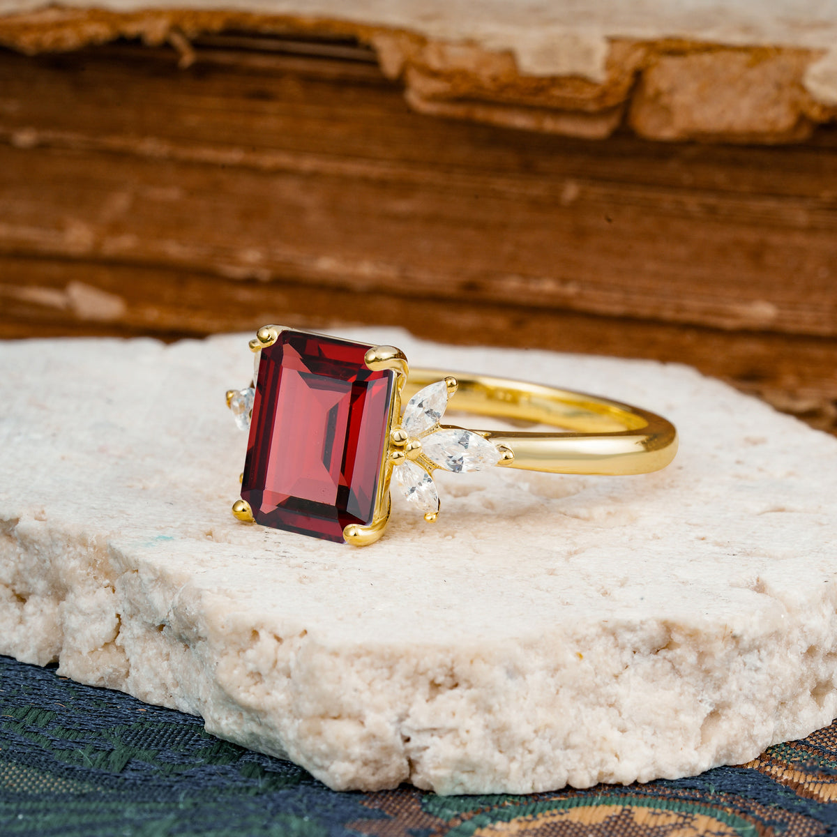 Vintage Emerald Cut Garnet Side Stone Engagement Ring with Marquise Accents - Additional view