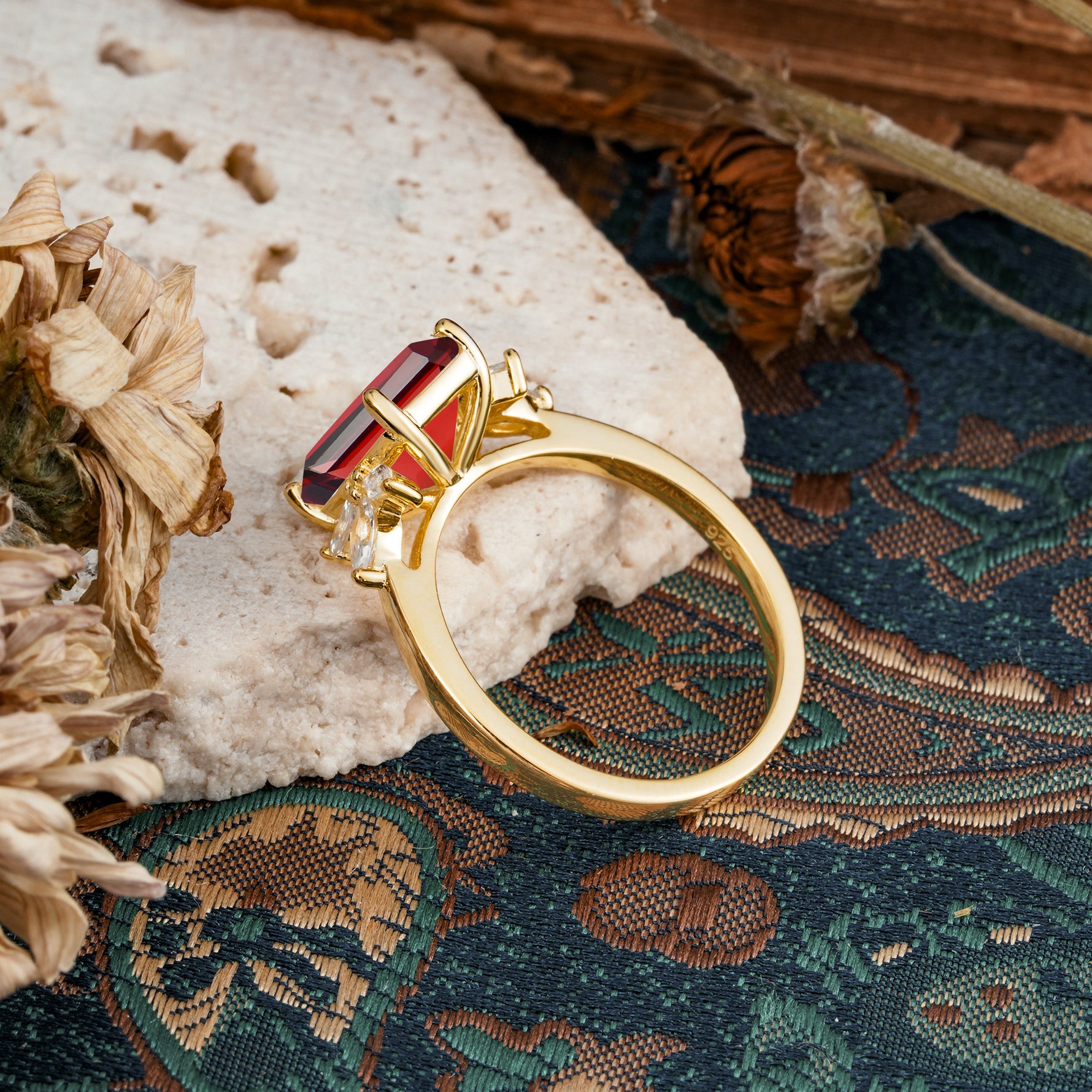 Vintage Emerald Cut Garnet Side Stone Engagement Ring with Marquise Accents - Additional view
