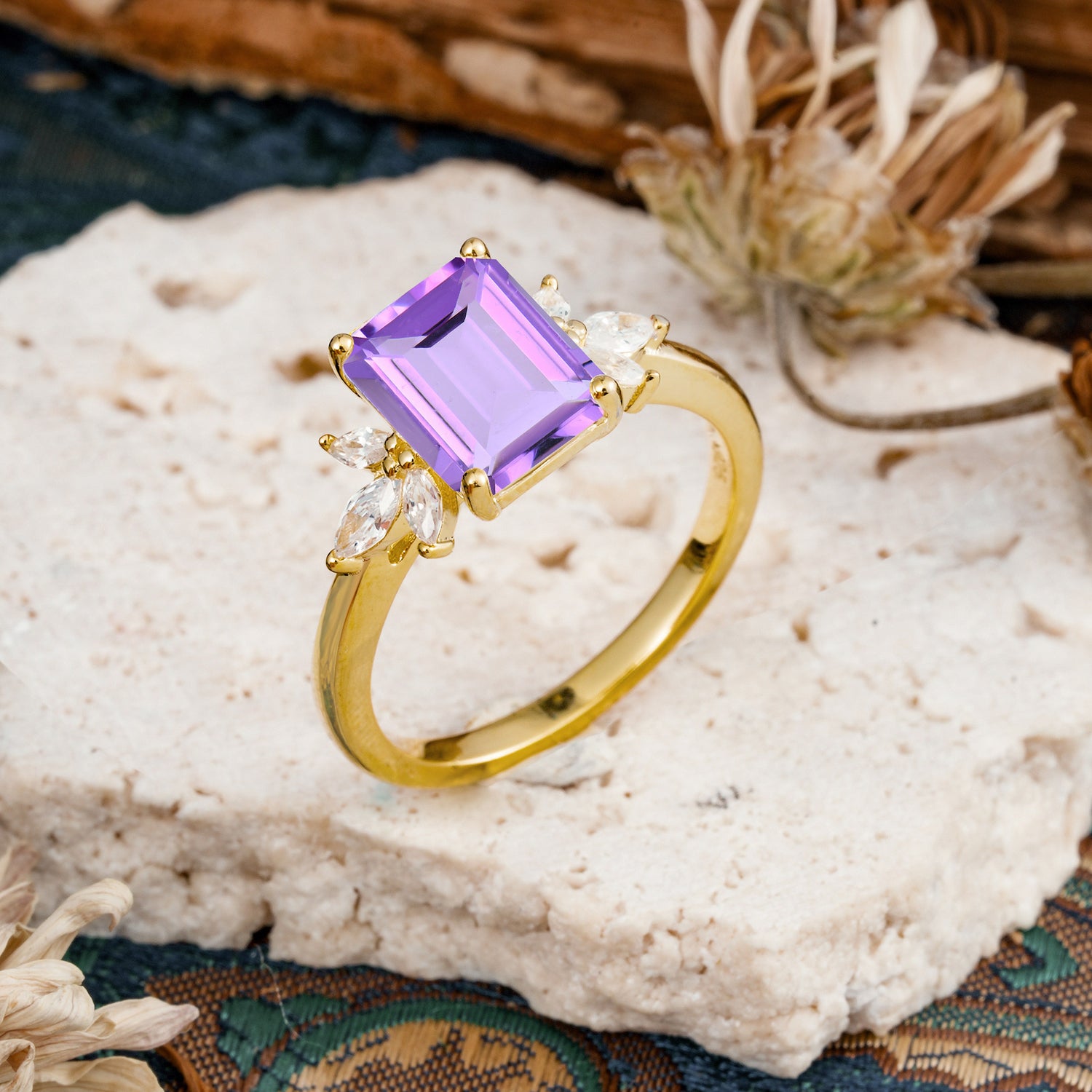 Vintage Emerald Cut Amethyst Side Stone Engagement Ring with Marquise Accents - Additional view