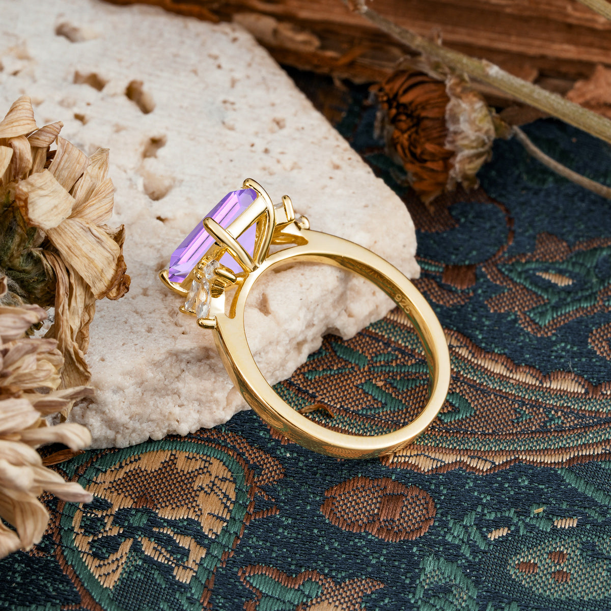 Vintage Emerald Cut Amethyst Side Stone Engagement Ring with Marquise Accents - Additional view
