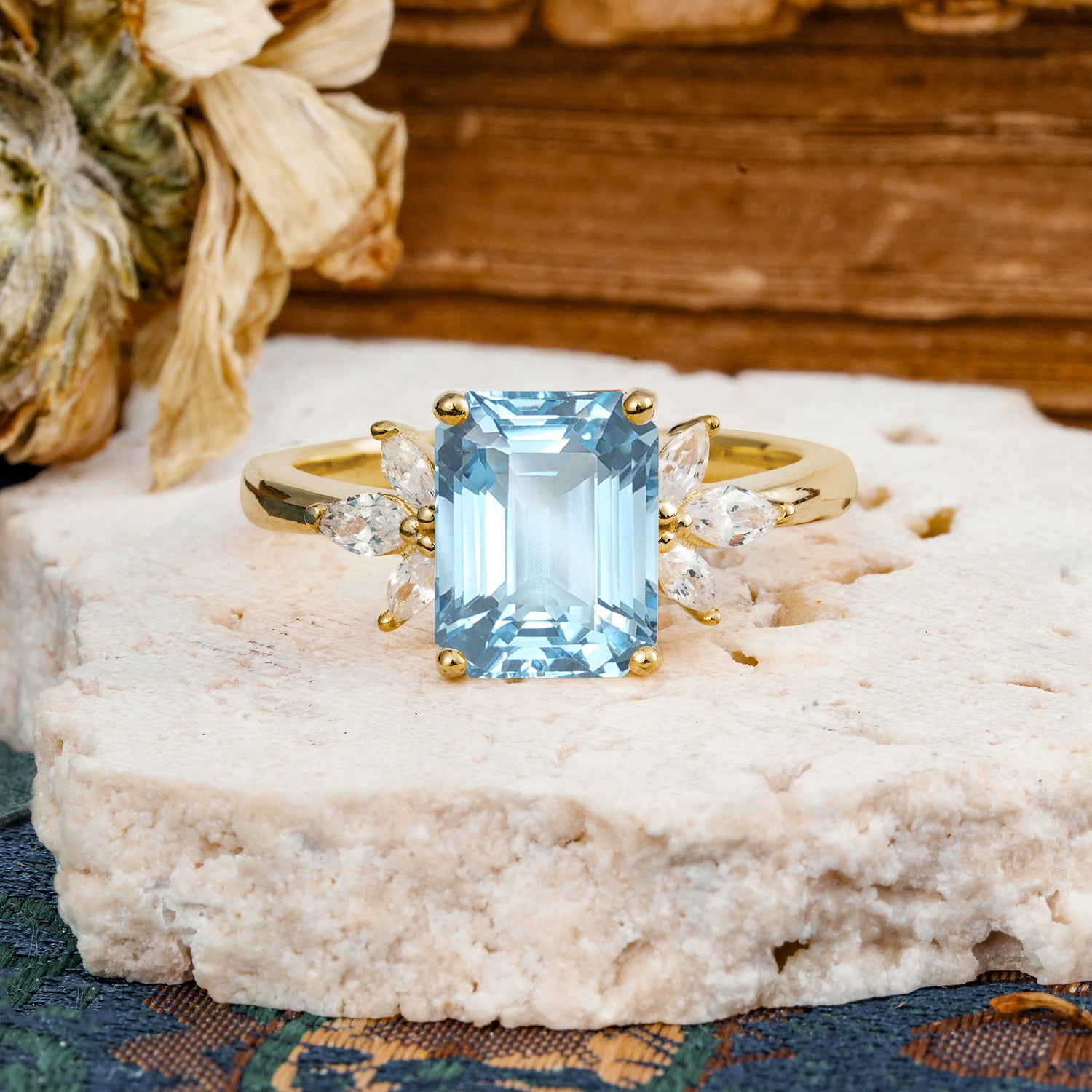 Vintage Emerald Cut Aquamarine Side Stone Engagement Ring with Marquise Accents - Additional view