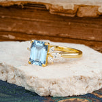 Vintage Emerald Cut Aquamarine Side Stone Engagement Ring with Marquise Accents - Additional view