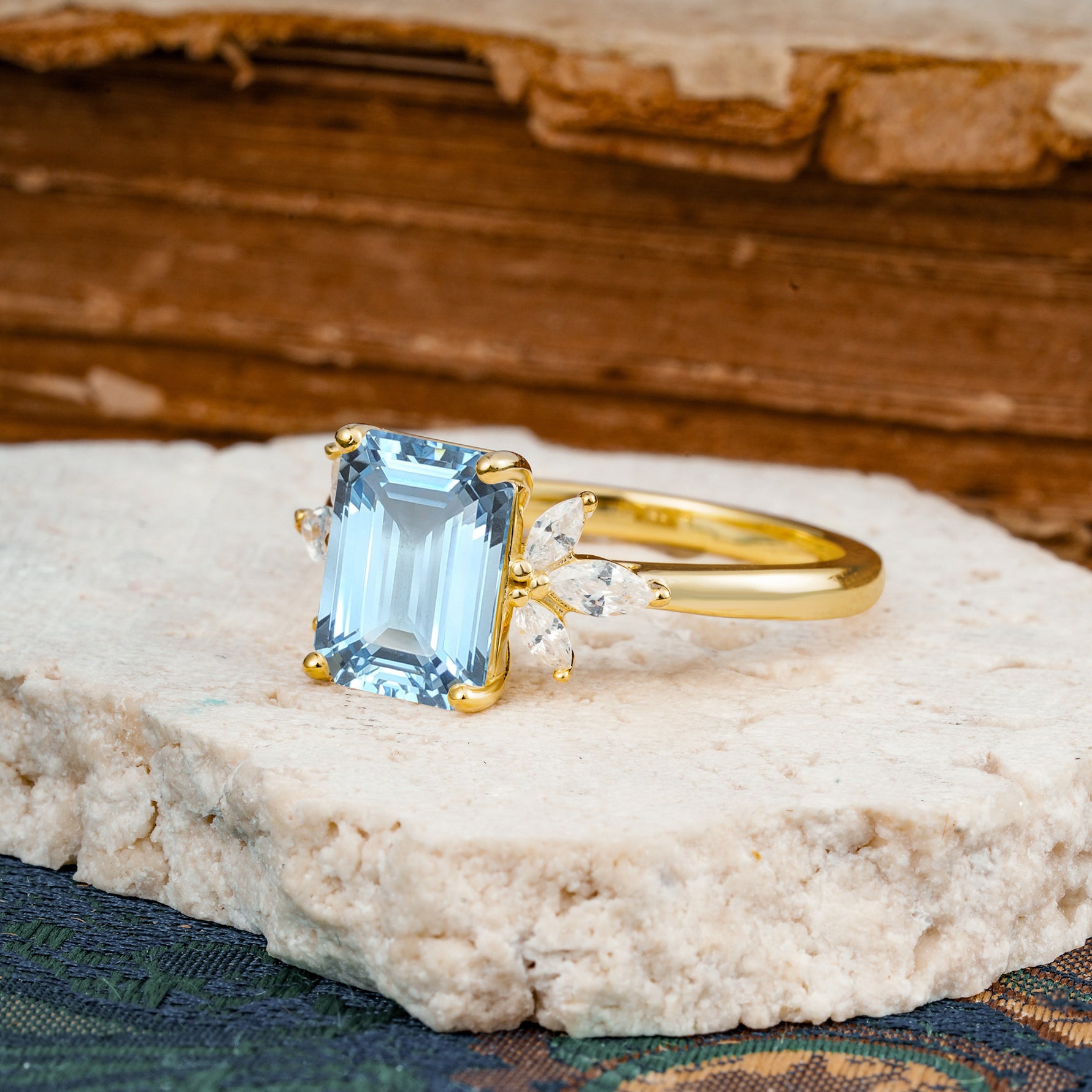 Vintage Emerald Cut Aquamarine Side Stone Engagement Ring with Marquise Accents - Additional view