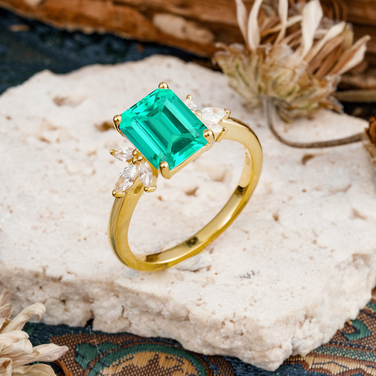 Vintage Emerald Cut Emerald Side Stone Engagement Ring with Marquise Accents - Additional view