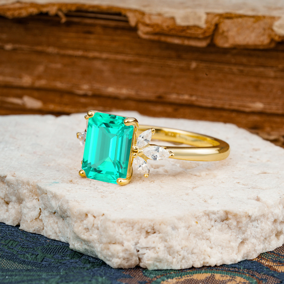 Vintage Emerald Cut Emerald Side Stone Engagement Ring with Marquise Accents - Additional view