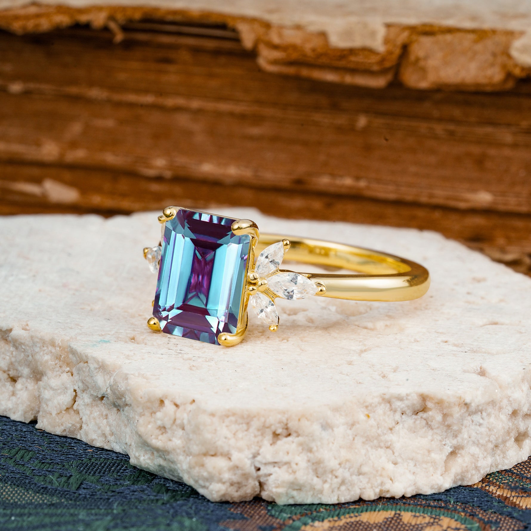 Vintage Emerald Cut Alexandrite Side Stone Engagement Ring with Marquise Accents - Additional view