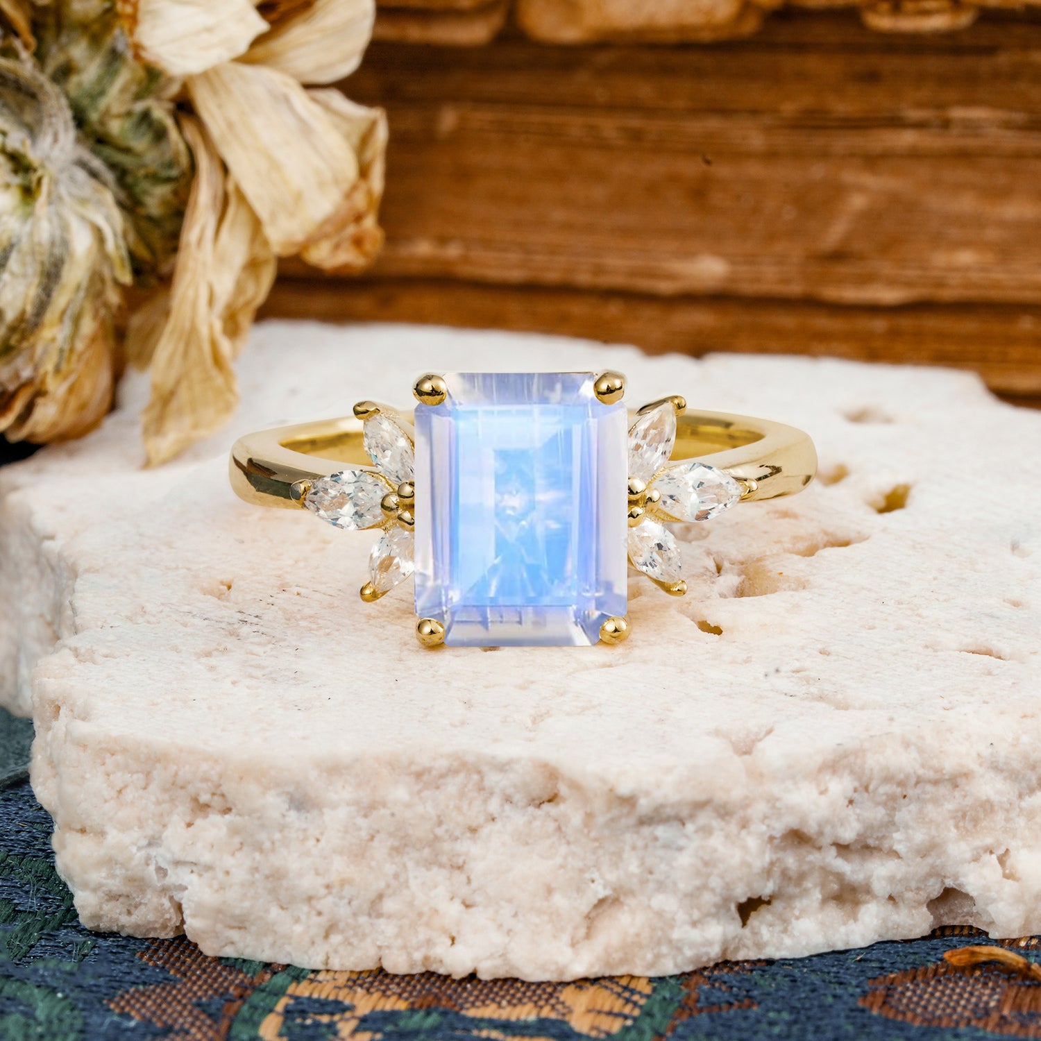 Vintage Emerald Cut Moonstone Side Stone Engagement Ring with Marquise Accents - Additional view