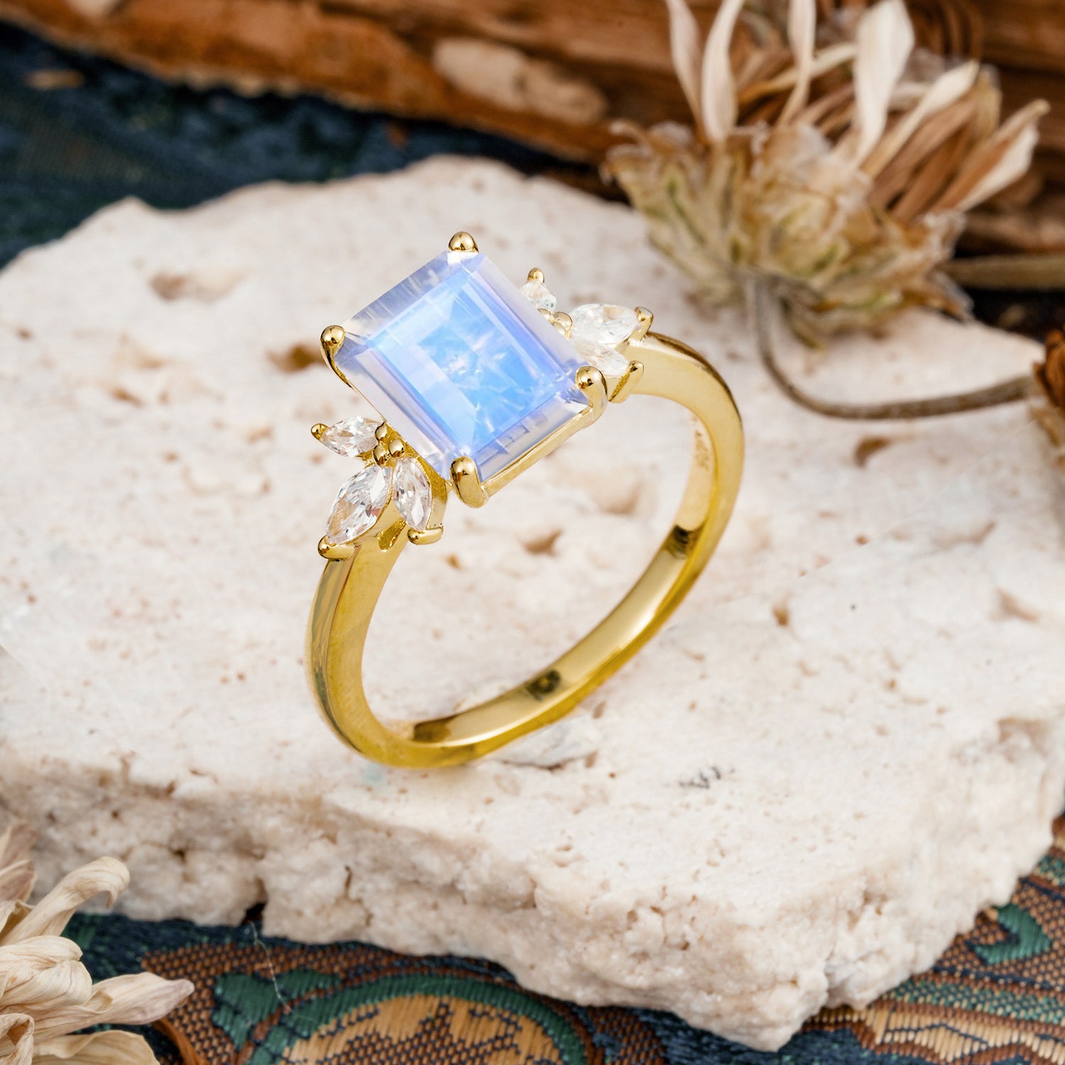 Vintage Emerald Cut Moonstone Side Stone Engagement Ring with Marquise Accents - Additional view