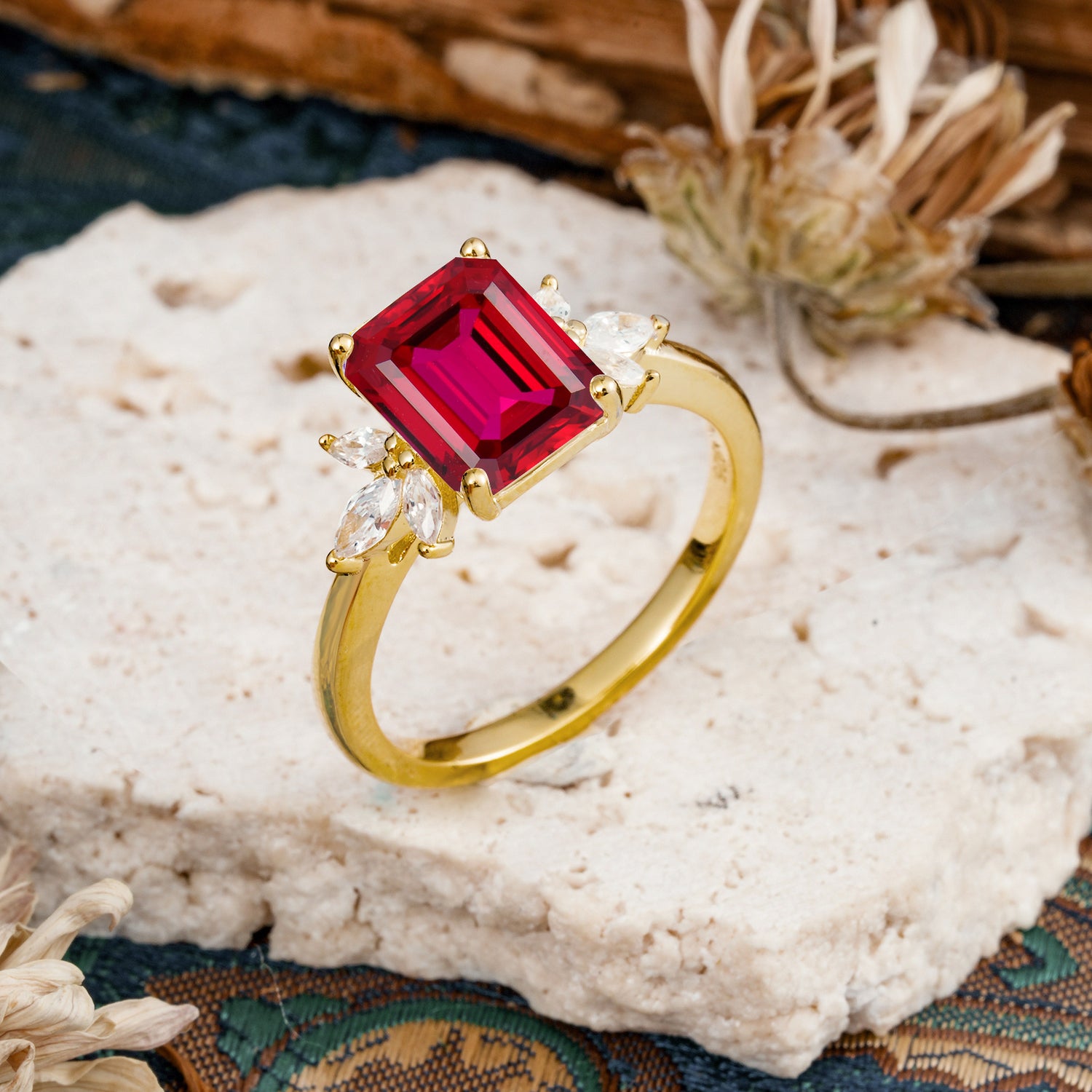 Vintage Emerald Cut Ruby Side Stone Engagement Ring with Marquise Accents - Additional view
