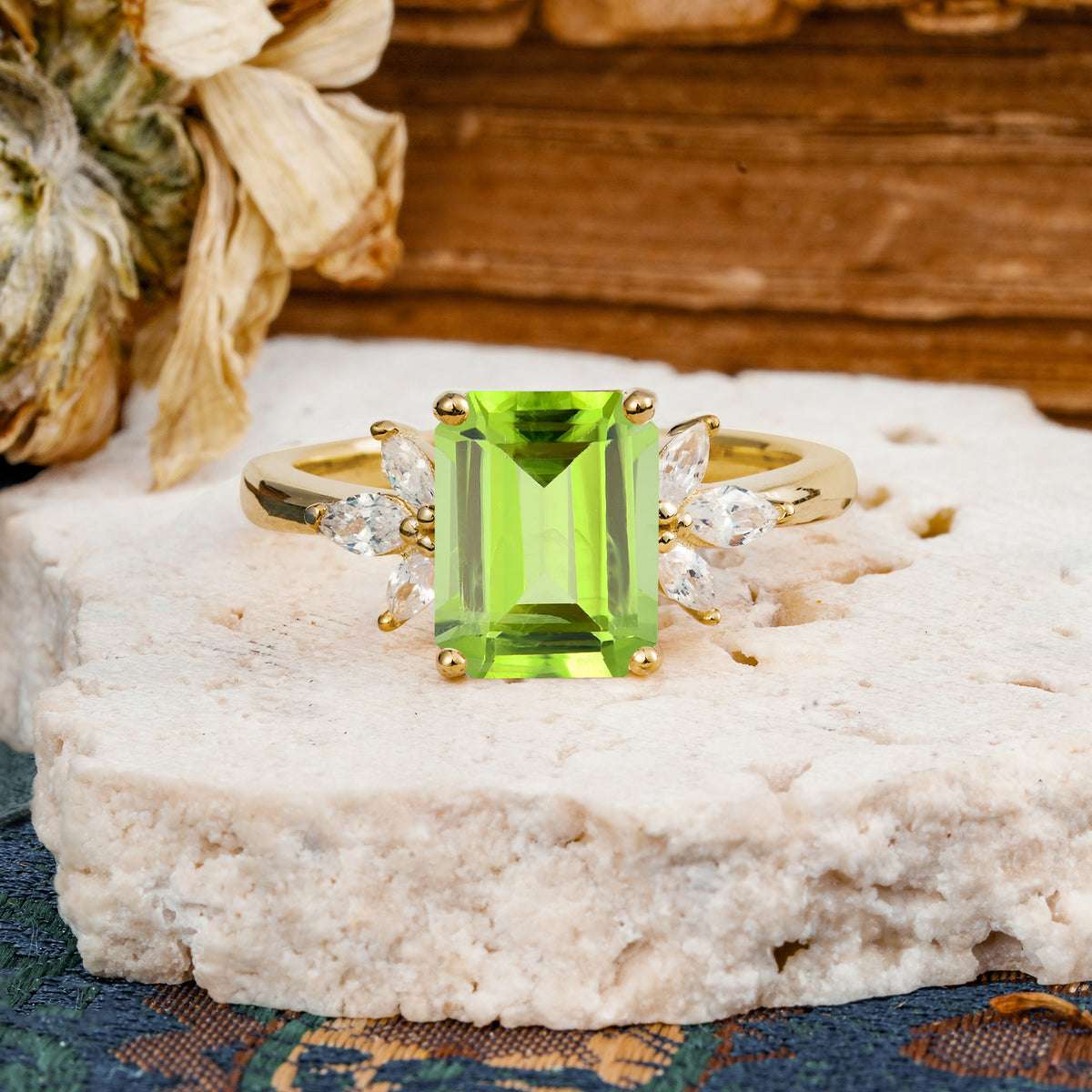 Vintage Emerald Cut Peridot Side Stone Engagement Ring with Marquise Accents - Additional view