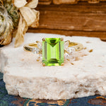 Vintage Emerald Cut Peridot Side Stone Engagement Ring with Marquise Accents - Additional view