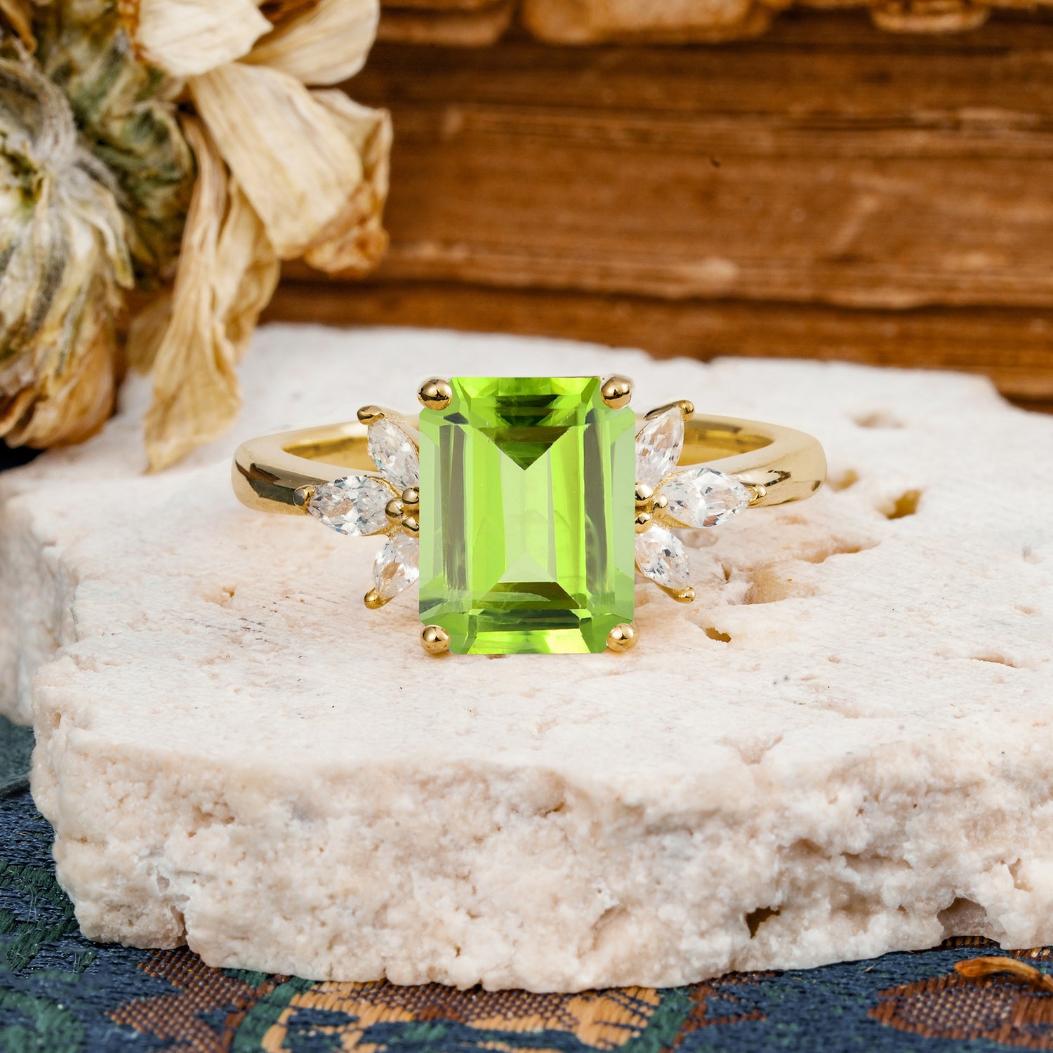 Vintage Emerald Cut Peridot Side Stone Engagement Ring with Marquise Accents - Additional view