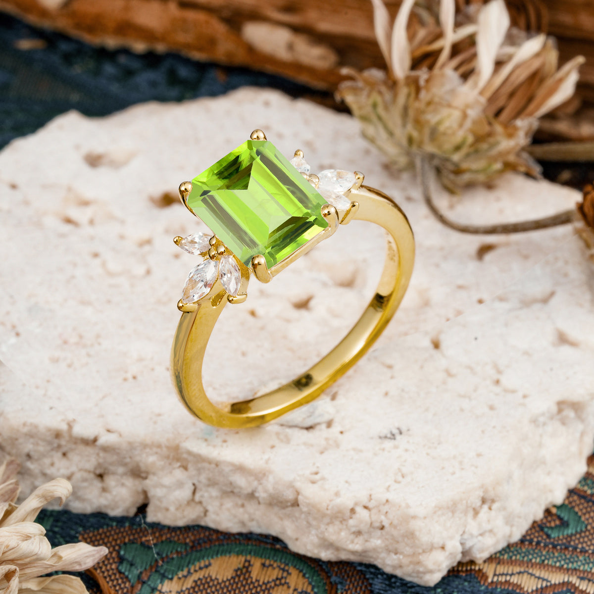 Vintage Emerald Cut Peridot Side Stone Engagement Ring with Marquise Accents - Additional view