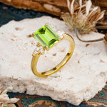 Vintage Emerald Cut Peridot Side Stone Engagement Ring with Marquise Accents - Additional view