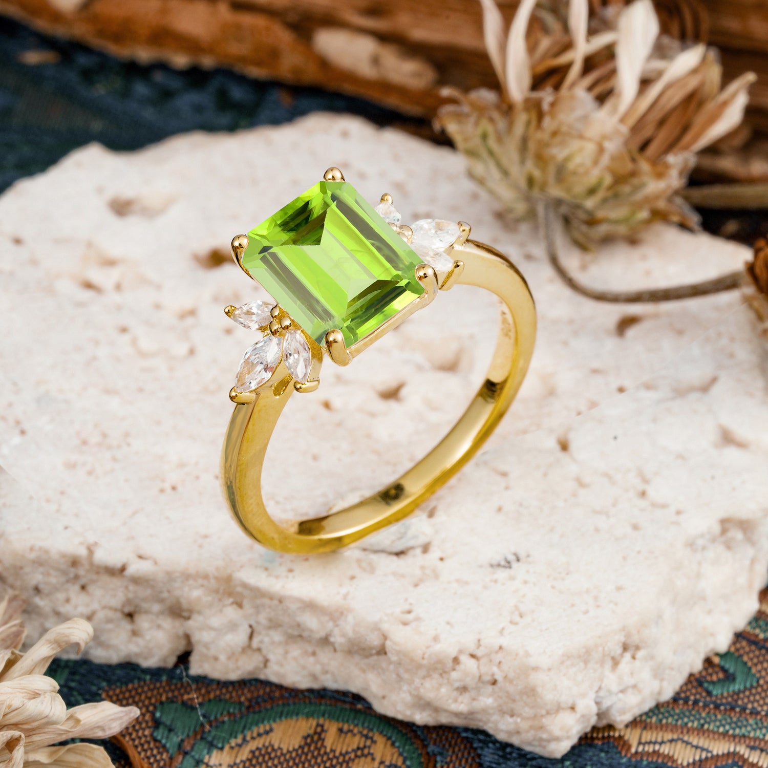 Vintage Emerald Cut Peridot Side Stone Engagement Ring with Marquise Accents - Additional view