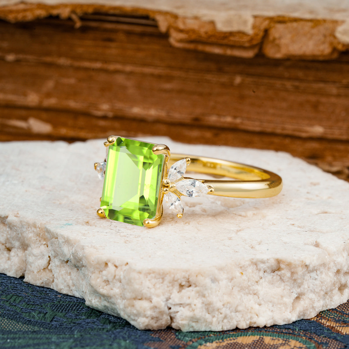 Vintage Emerald Cut Peridot Side Stone Engagement Ring with Marquise Accents - Additional view