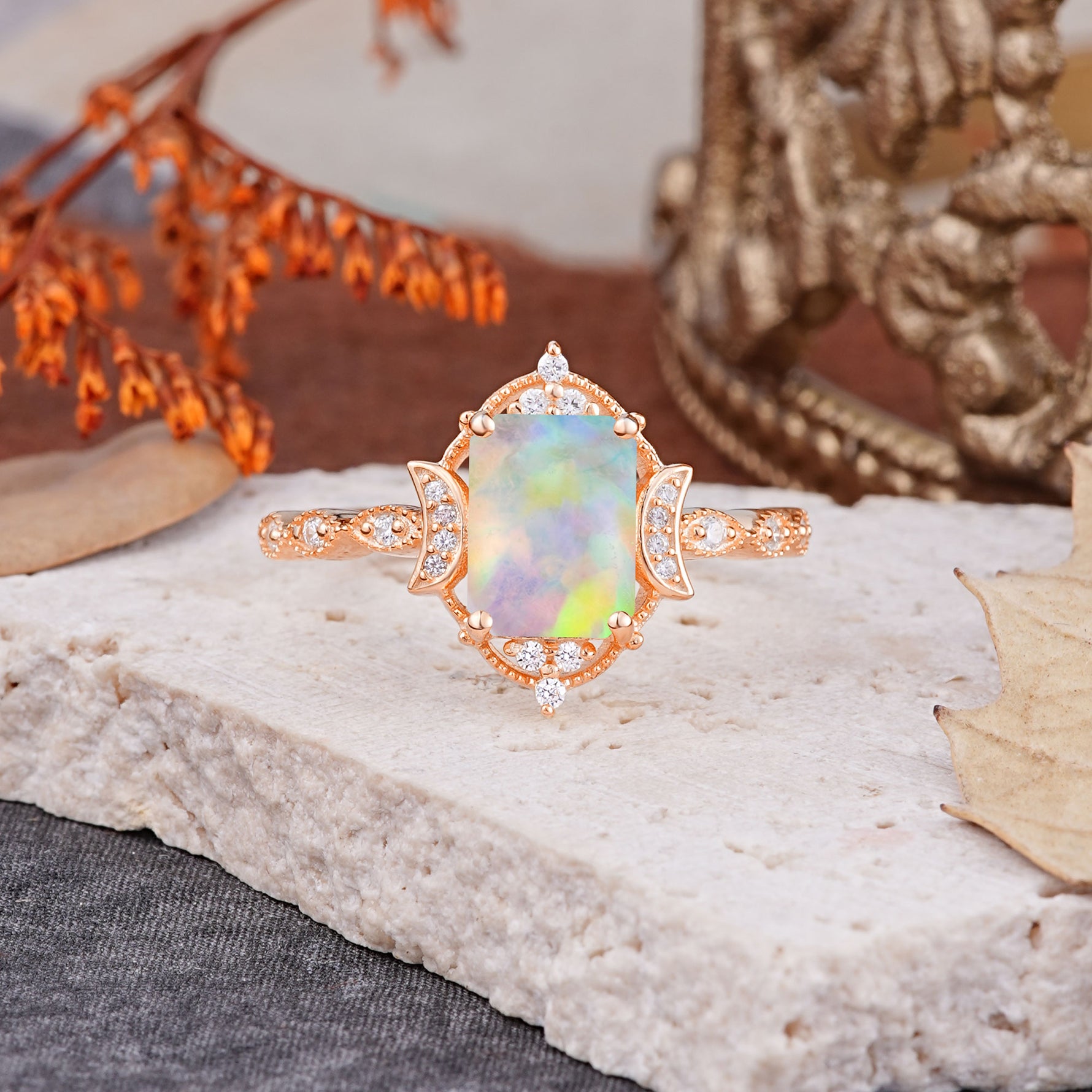 Classic Sparkling Radiant Cut Fire Opal Engagement Ring with Vintage Halo    - Additional view