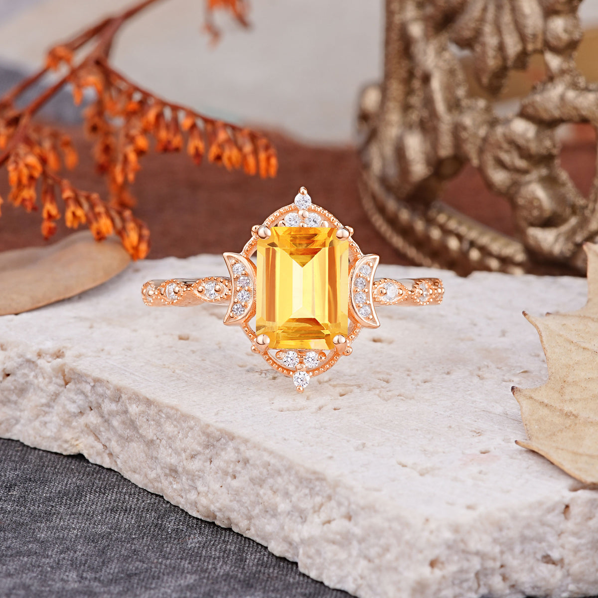 Classic Sparkling Radiant Cut Citrine Engagement Ring with Vintage Halo    - Additional view