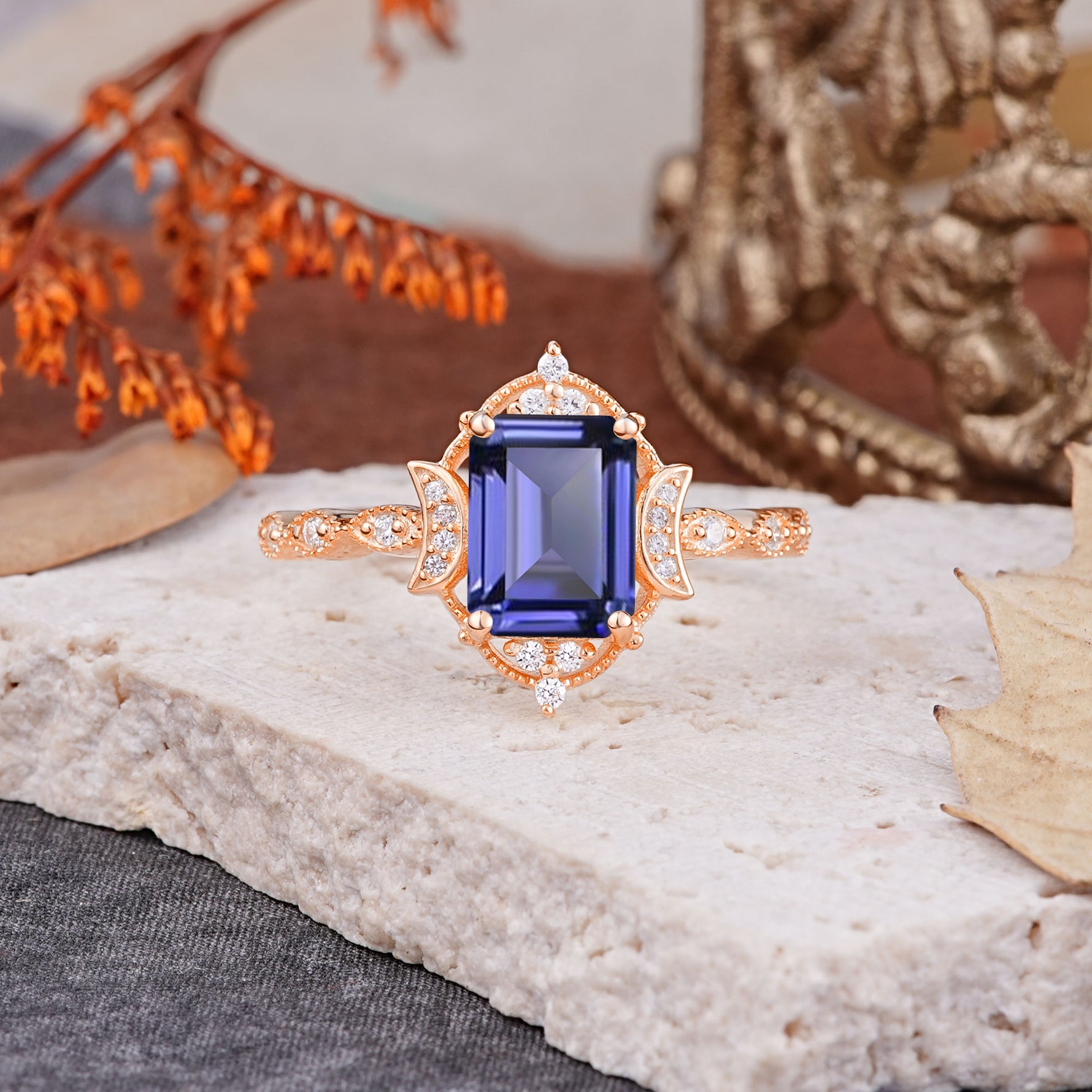 Classic Sparkling Radiant Cut Tanzanite Engagement Ring with Vintage Halo    - Additional view