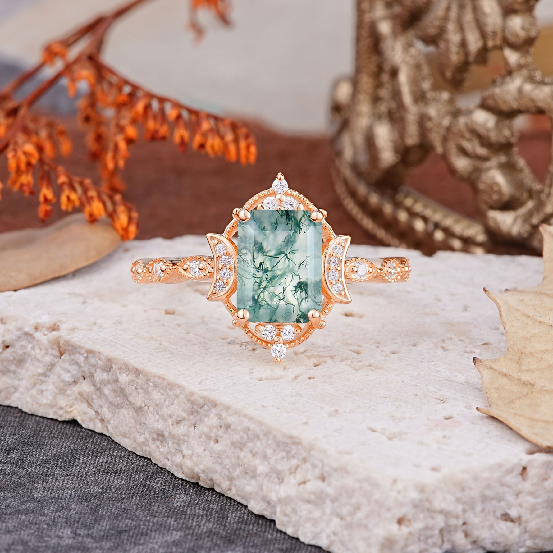 Classic Sparkling Radiant Cut Moss Agate Engagement Ring with Vintage Halo    - Additional view