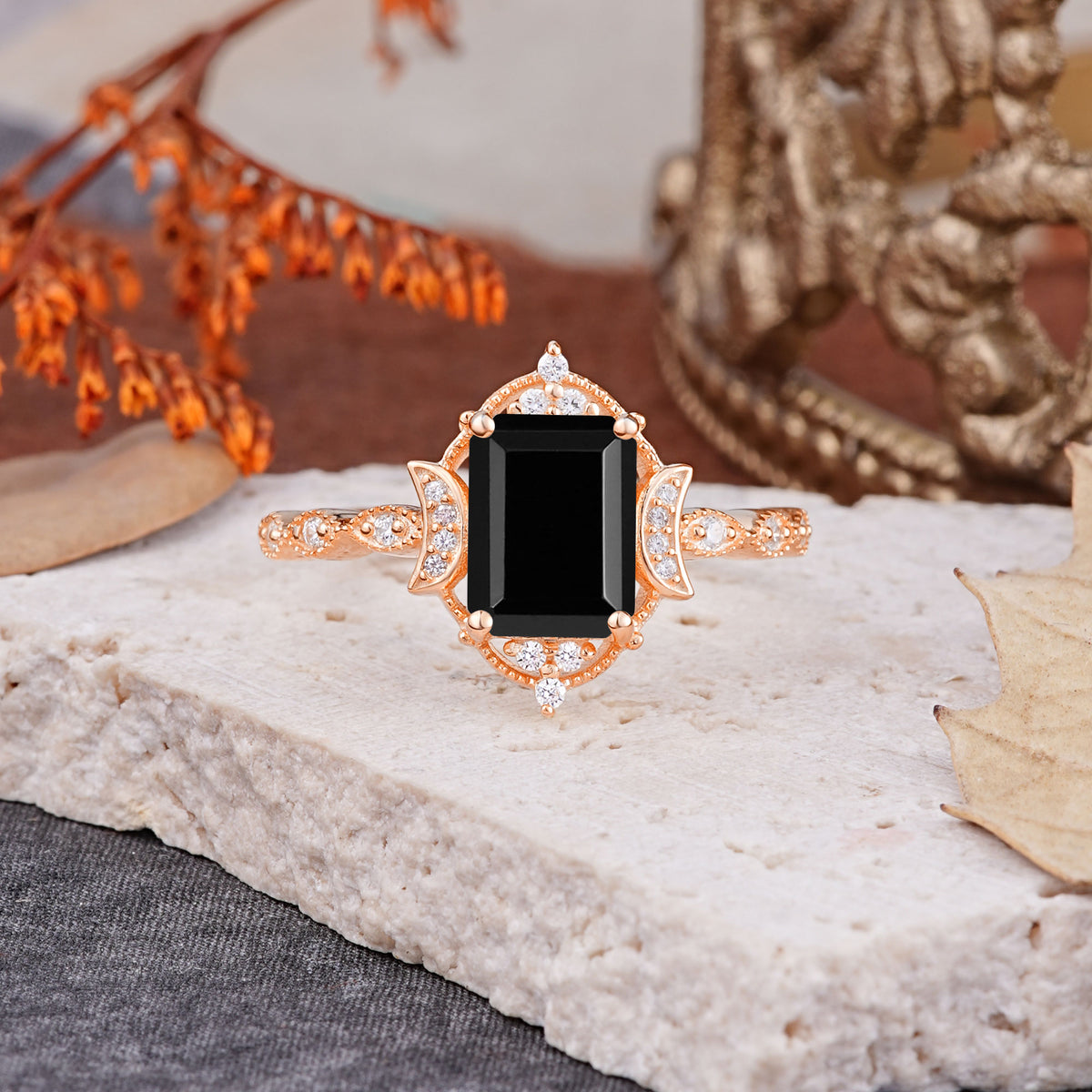 Classic Sparkling Radiant Cut Black Onyx Engagement Ring with Vintage Halo    - Additional view