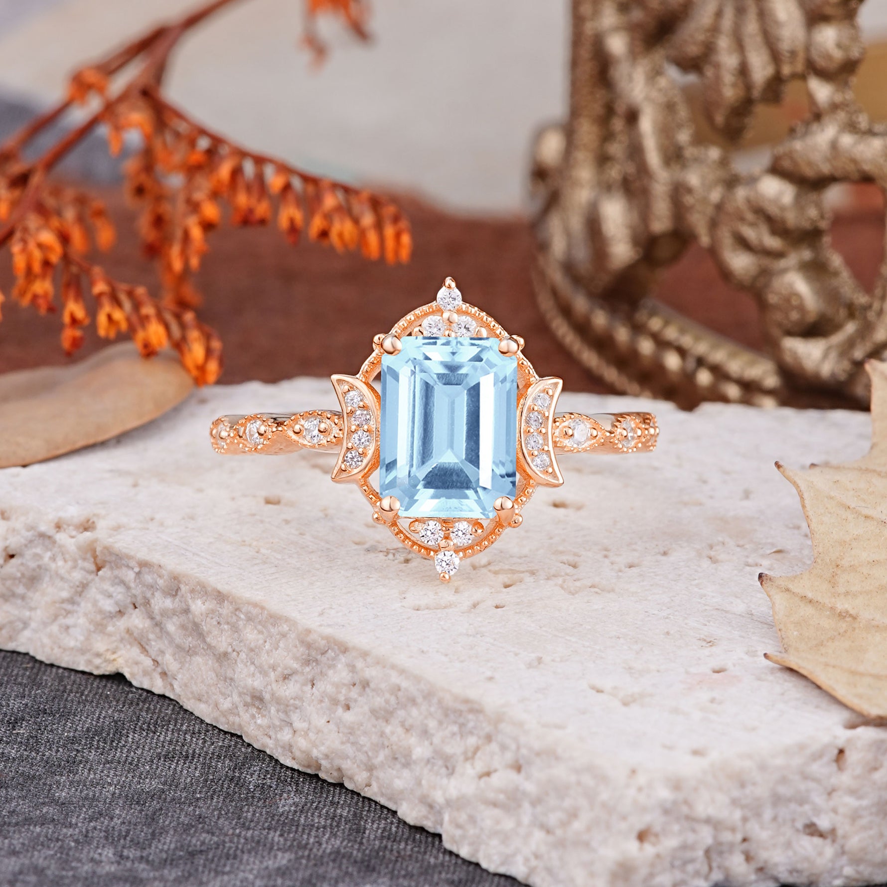 Classic Sparkling Radiant Cut Aquamarine Engagement Ring with Vintage Halo    - Additional view