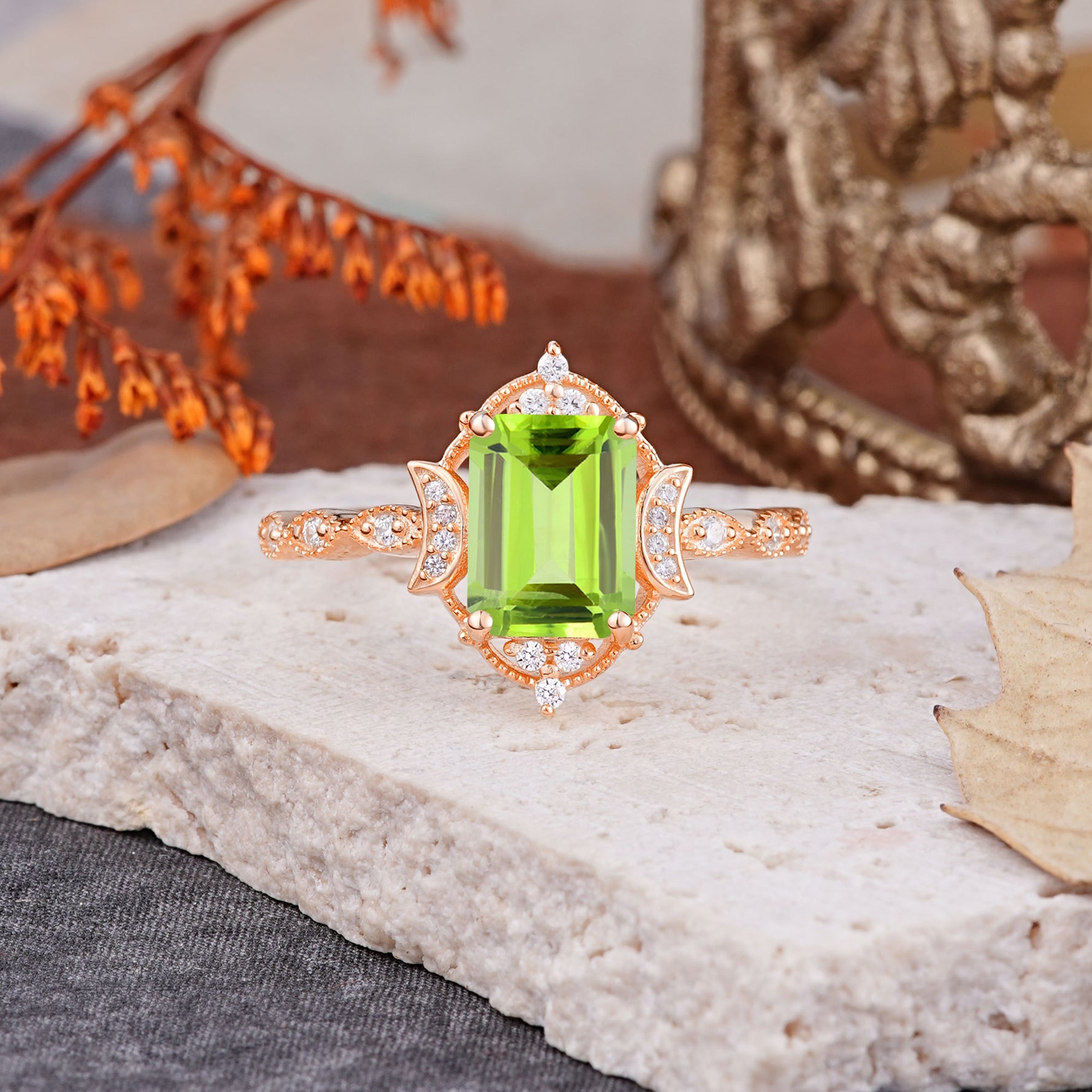 Classic Sparkling Radiant Cut Peridot Engagement Ring with Vintage Halo    - Additional view