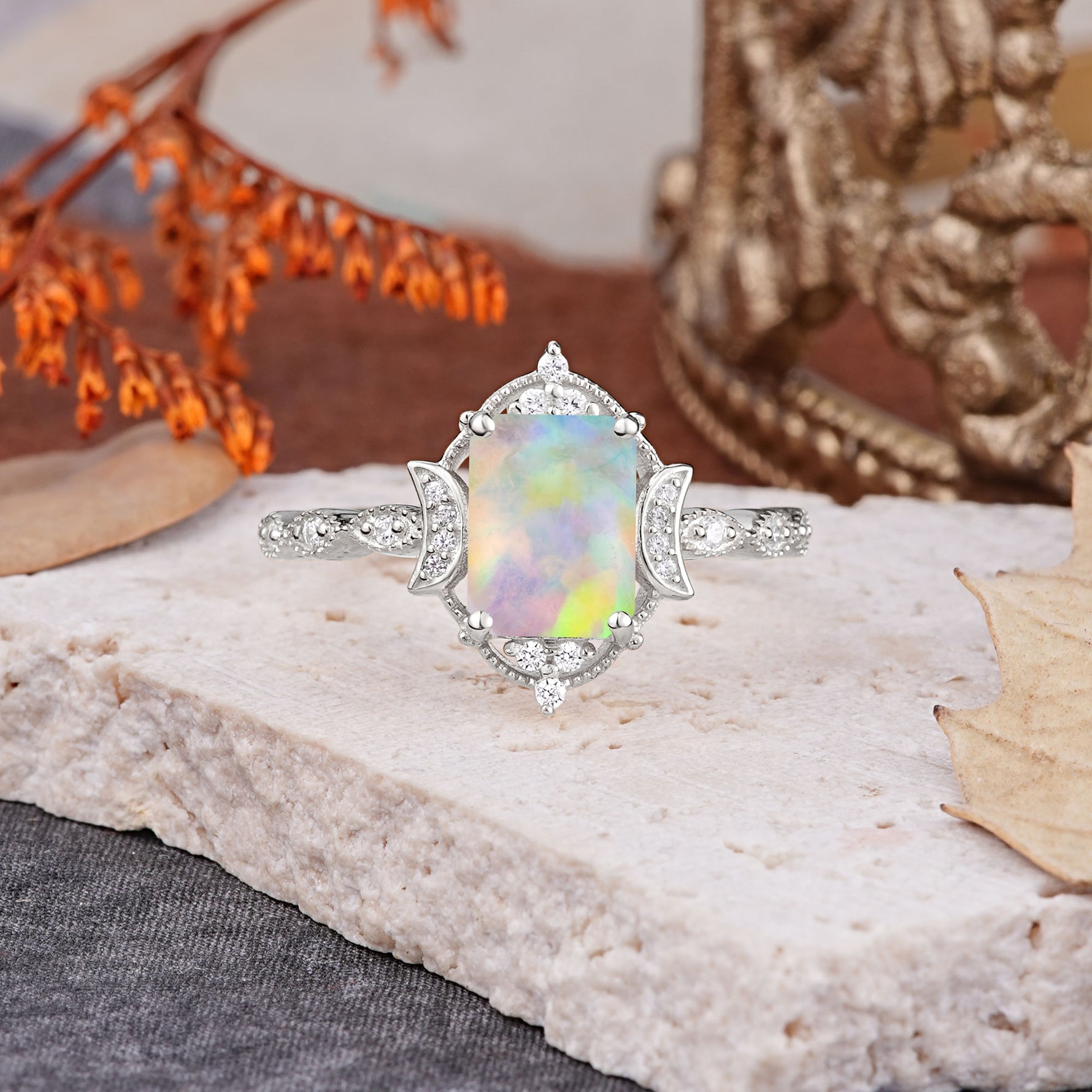 Classic Sparkling Radiant Cut Fire Opal Engagement Ring with Vintage Halo    - Additional view