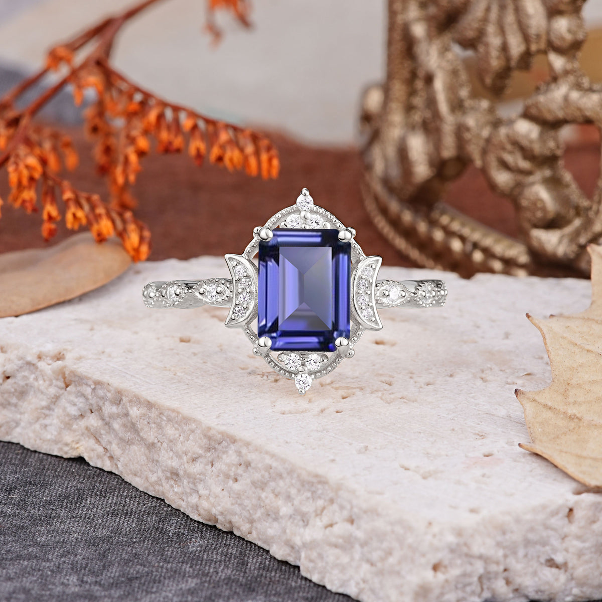 Classic Sparkling Radiant Cut Tanzanite Engagement Ring with Vintage Halo    - Additional view