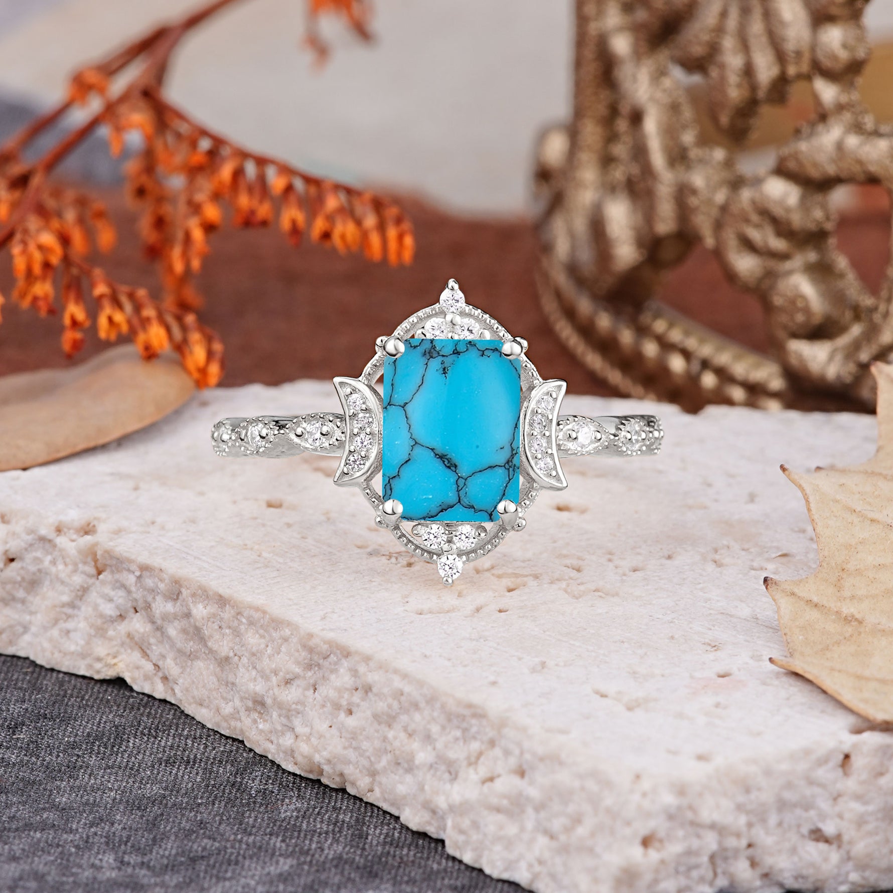 Classic Sparkling Radiant Cut Turquoise Engagement Ring with Vintage Halo    - Additional view