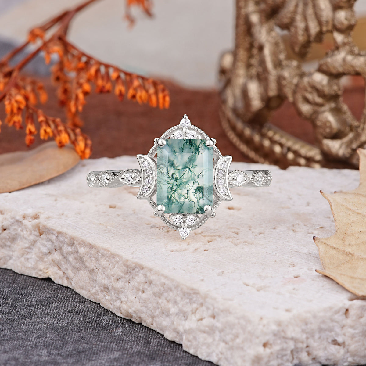Classic Sparkling Radiant Cut Moss Agate Engagement Ring with Vintage Halo    - Additional view