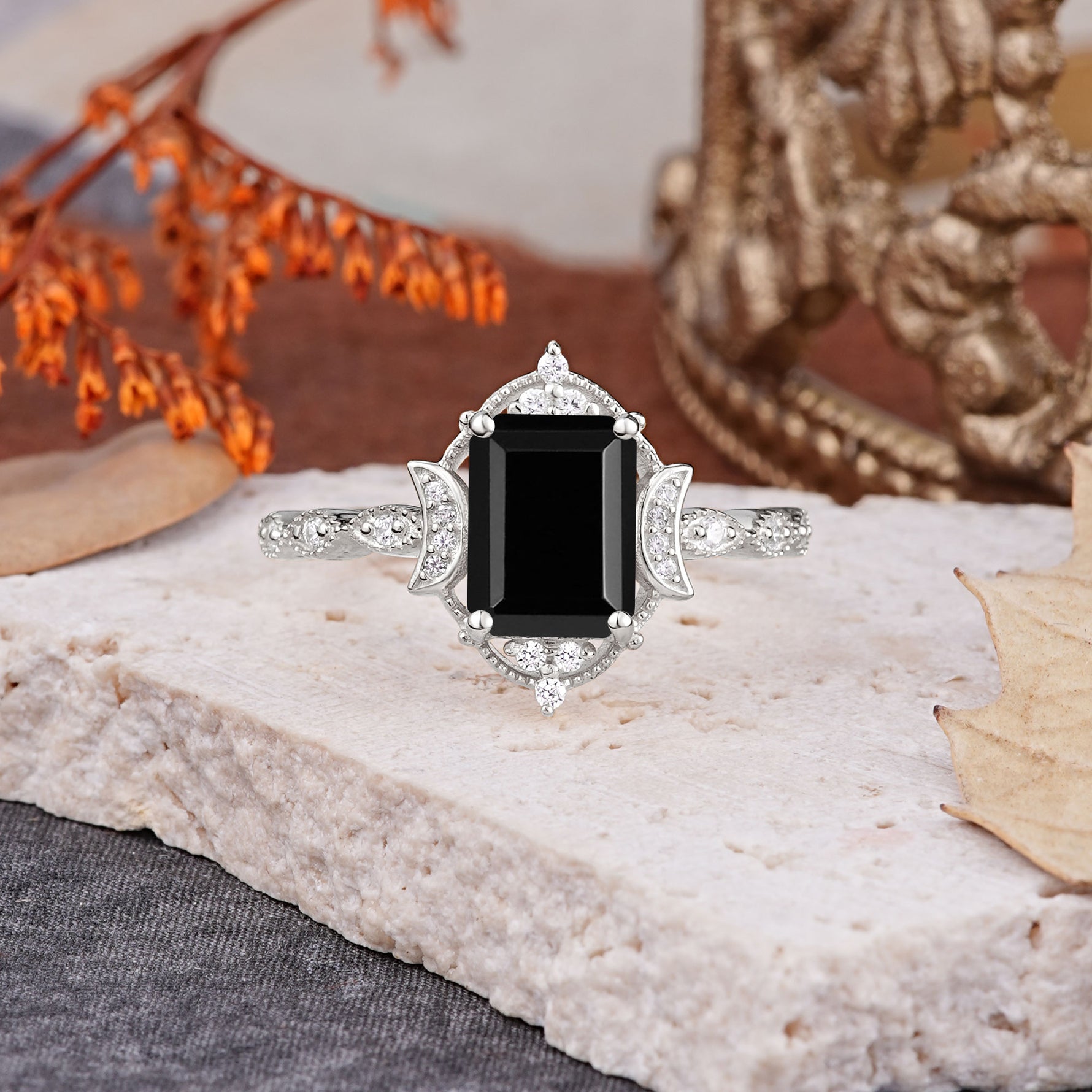 Classic Sparkling Radiant Cut Black Onyx Engagement Ring with Vintage Halo    - Additional view