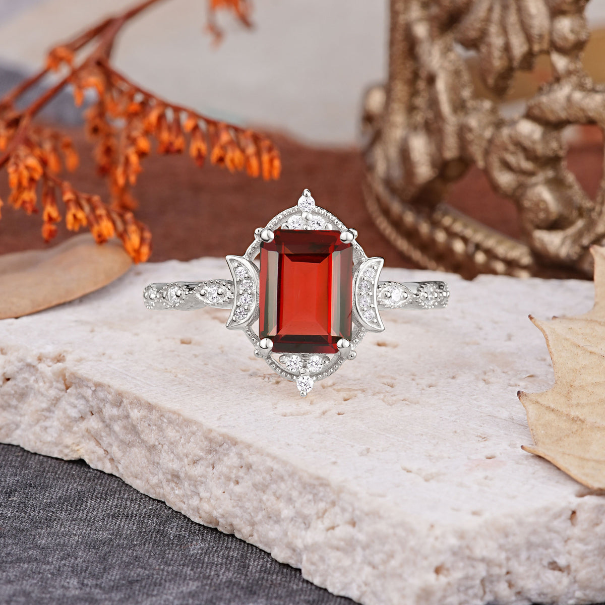Classic Sparkling Radiant Cut Garnet Engagement Ring with Vintage Halo    - Additional view