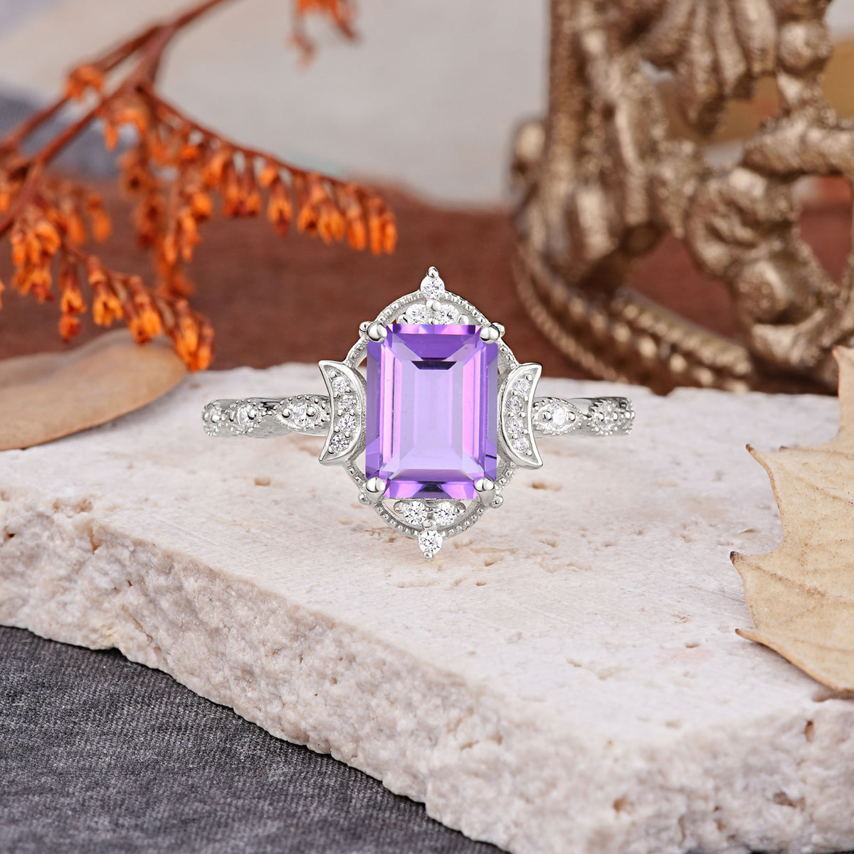 Classic Sparkling Radiant Cut Amethyst Engagement Ring with Vintage Halo    - Additional view