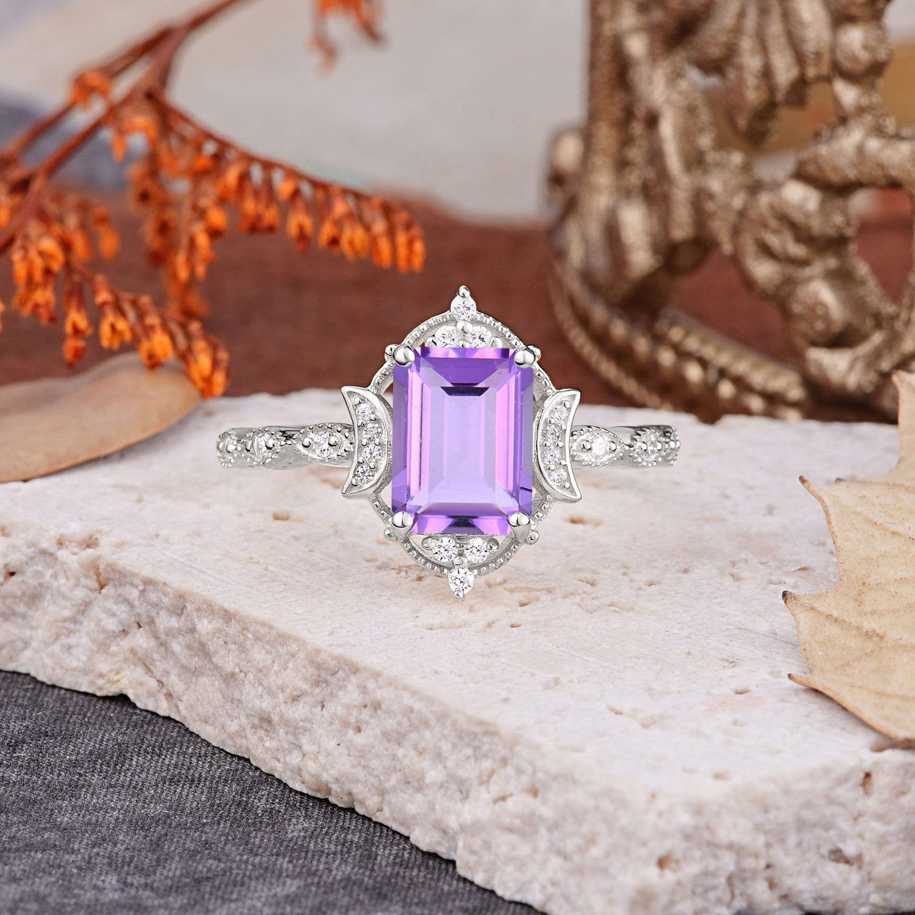 Classic Sparkling Radiant Cut Amethyst Engagement Ring with Vintage Halo    - Additional view