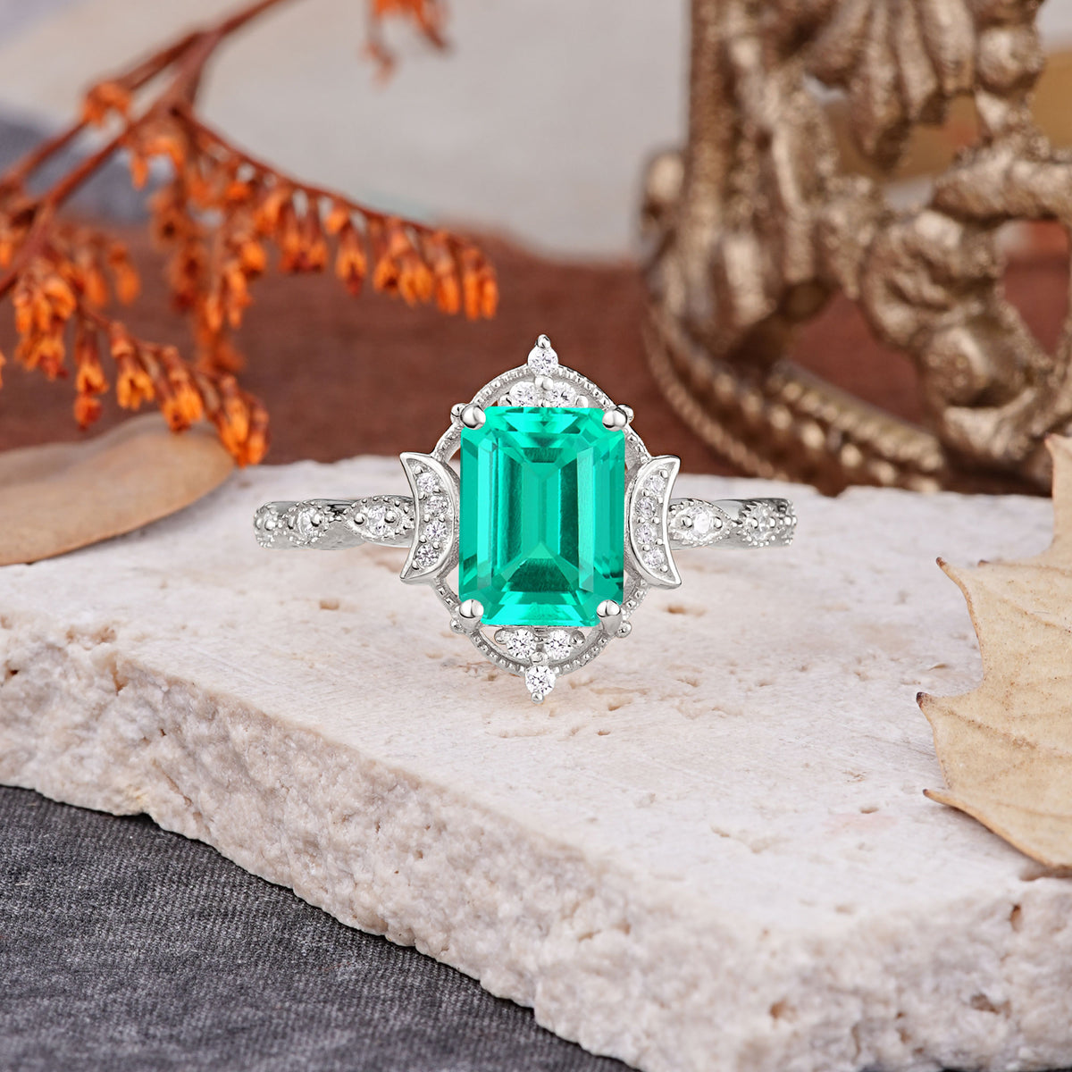 Classic Sparkling Radiant Cut Emerald Engagement Ring with Vintage Halo    - Additional view