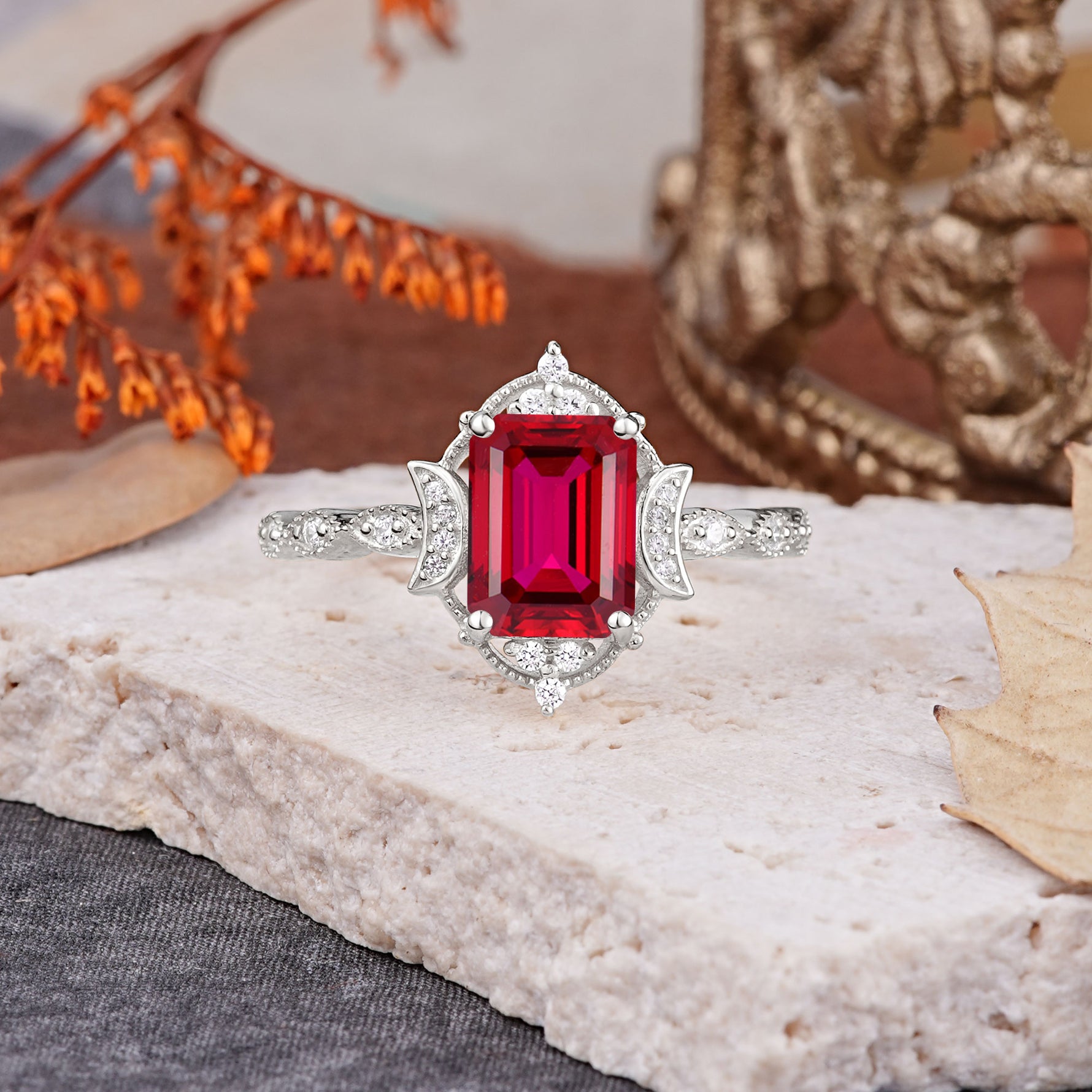 Classic Sparkling Radiant Cut Ruby Engagement Ring with Vintage Halo    - Additional view