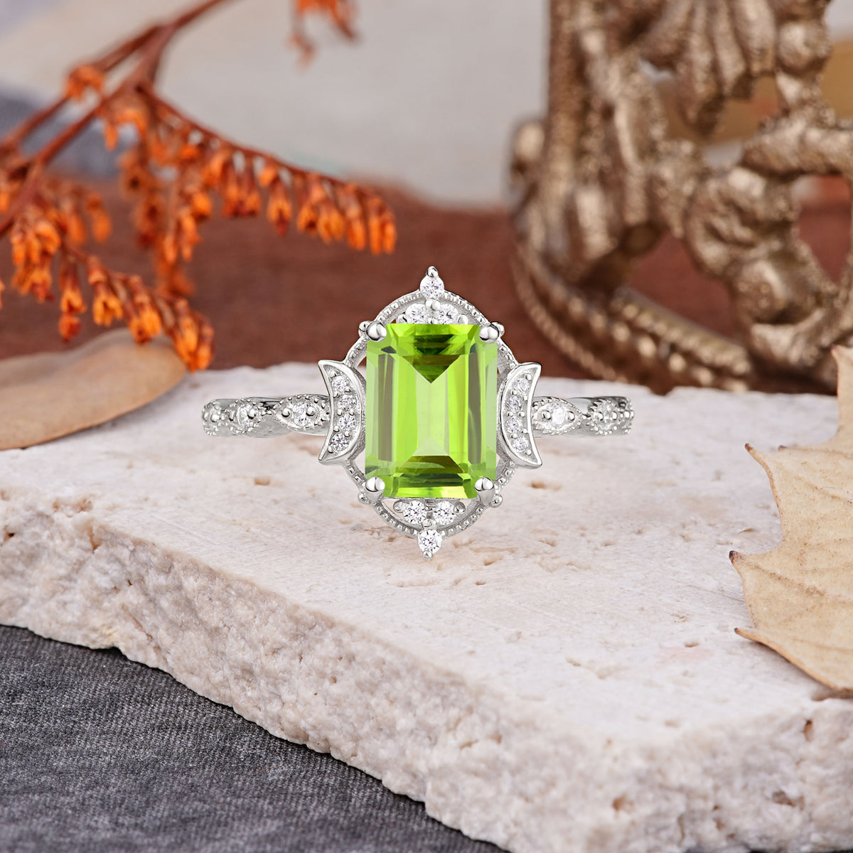 Classic Sparkling Radiant Cut Peridot Engagement Ring with Vintage Halo    - Additional view