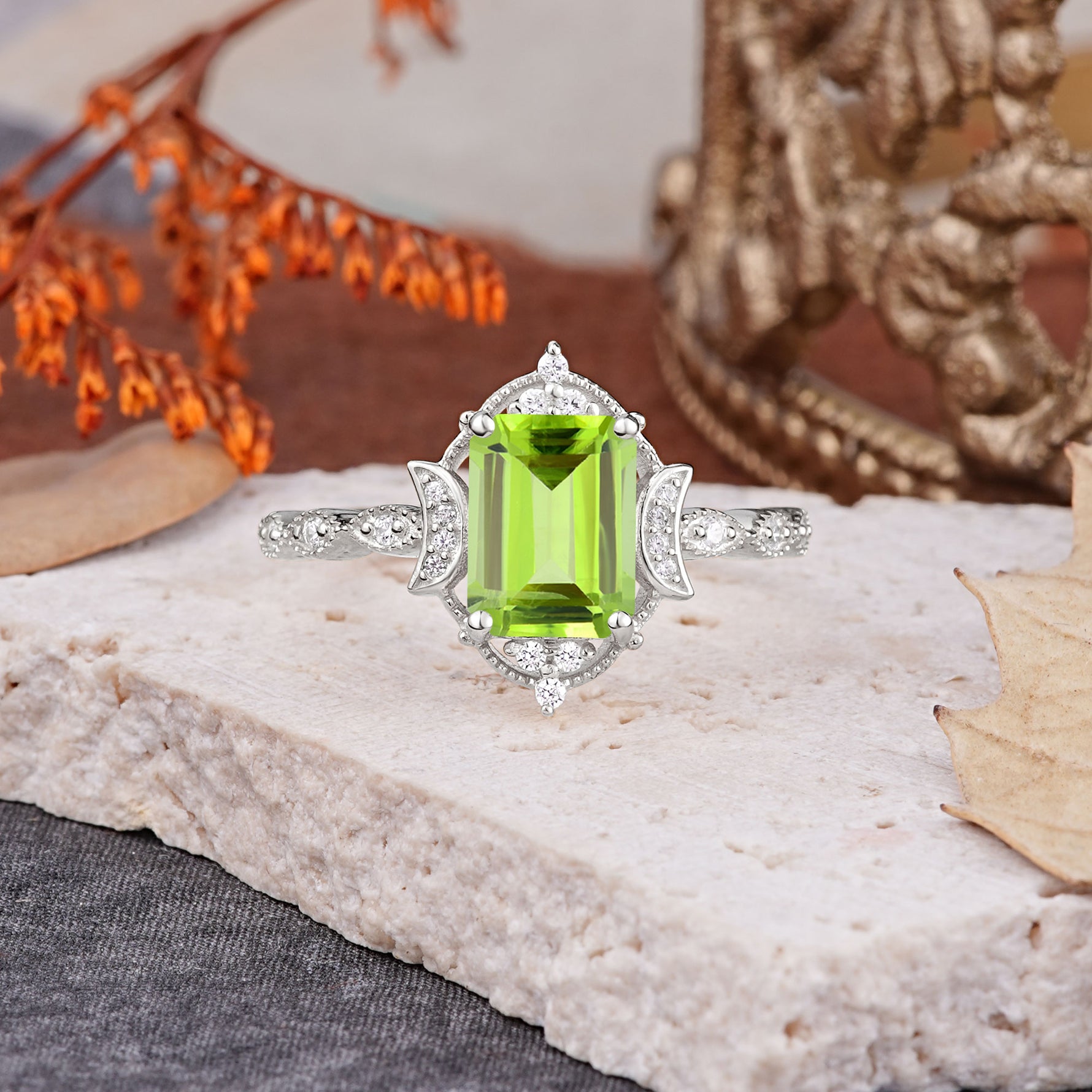 Classic Sparkling Radiant Cut Peridot Engagement Ring with Vintage Halo    - Additional view
