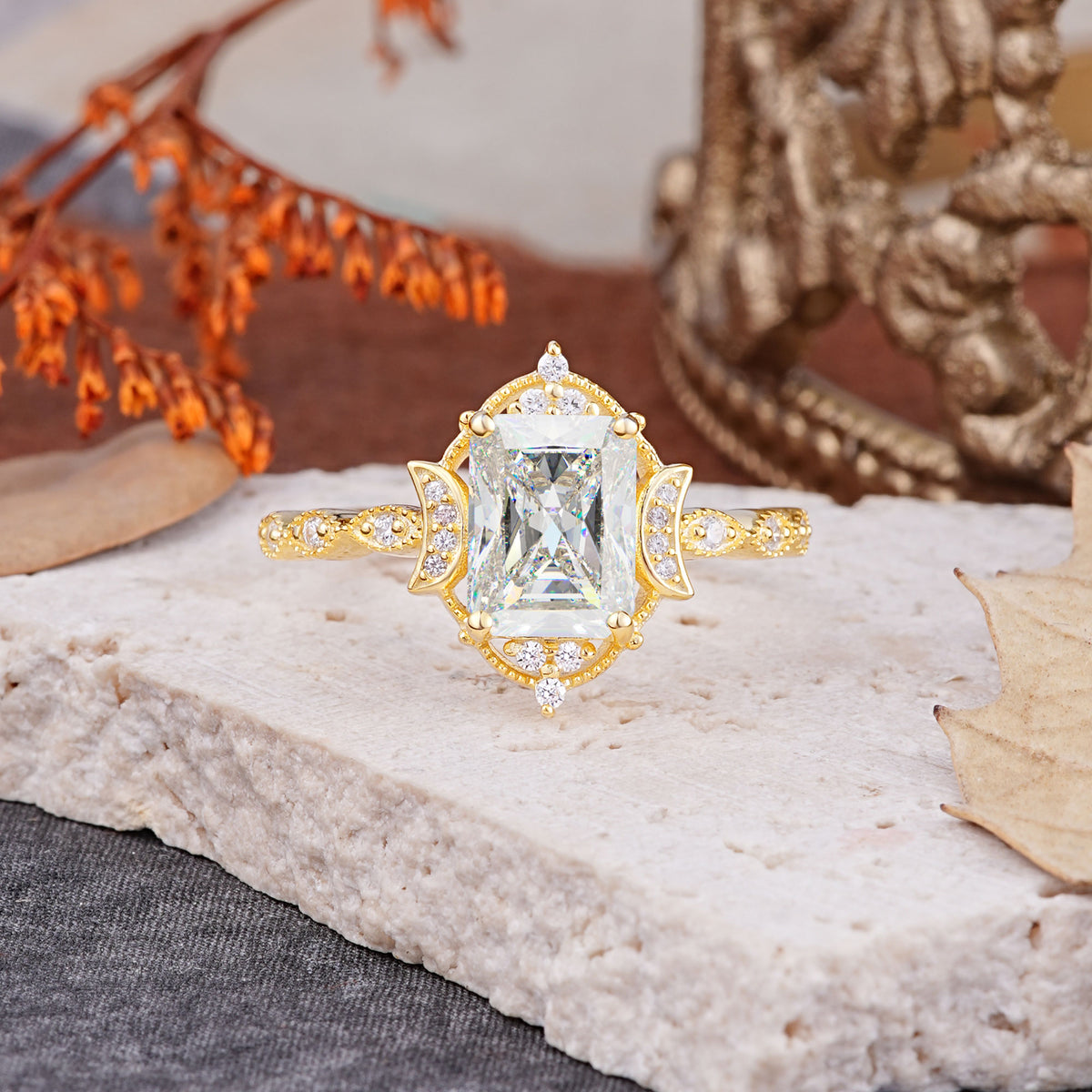 Classic Sparkling Radiant Cut Moissanite Engagement Ring with Vintage Halo    - Additional view
