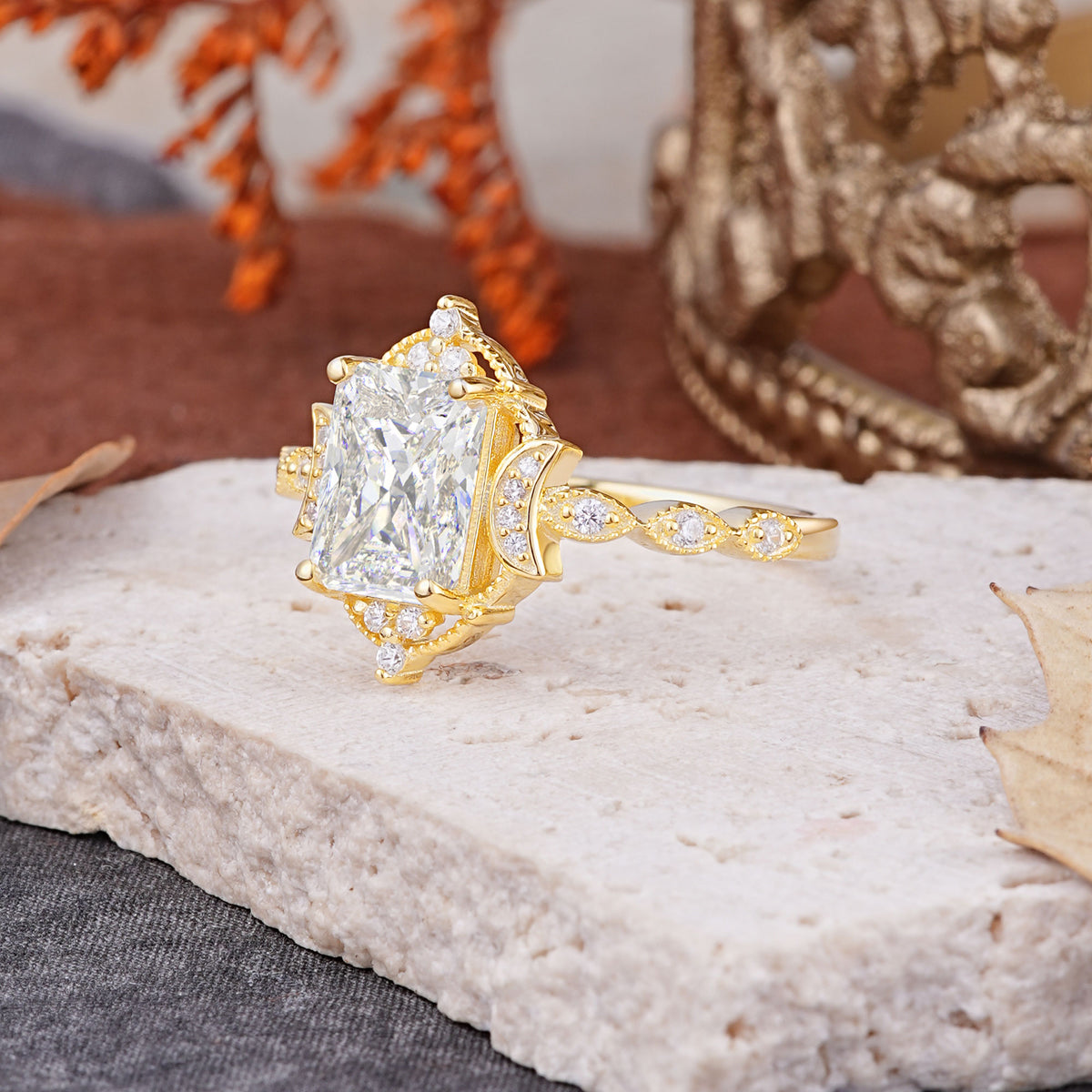 Classic Sparkling Radiant Cut Moissanite Engagement Ring with Vintage Halo    - Additional view
