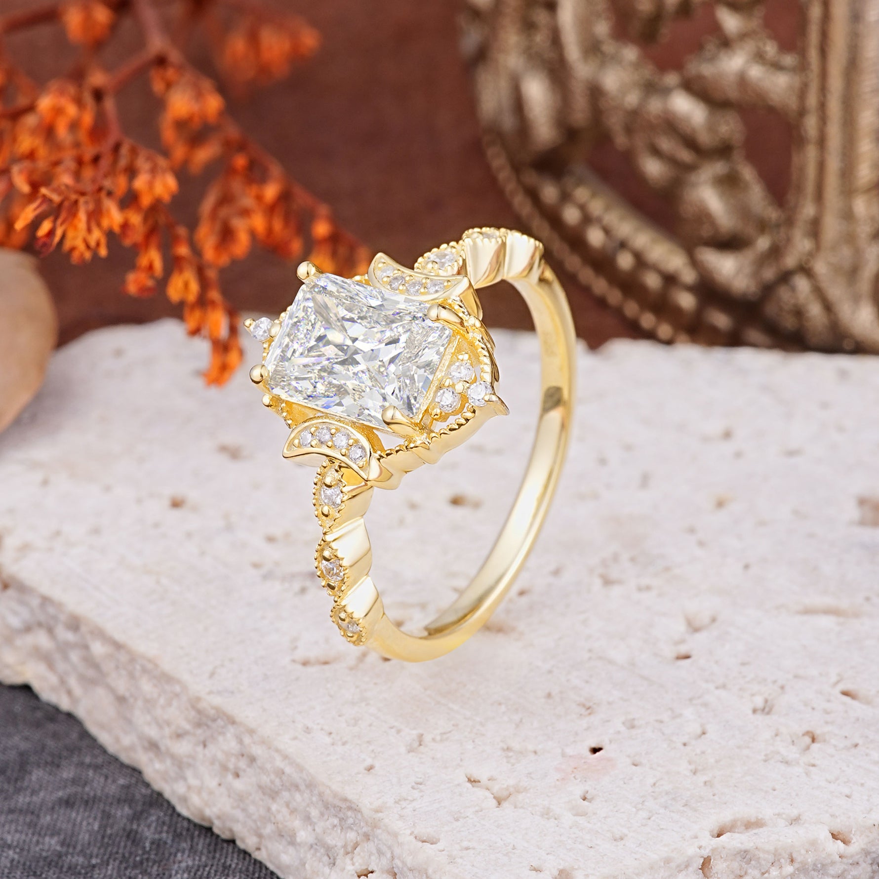 Classic Sparkling Radiant Cut Moissanite Engagement Ring with Vintage Halo    - Additional view