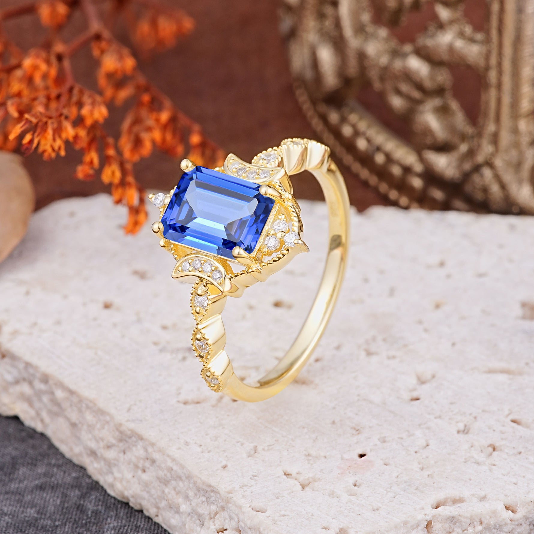 Classic Sparkling Radiant Cut Sapphire Engagement Ring with Vintage Halo    - Additional view