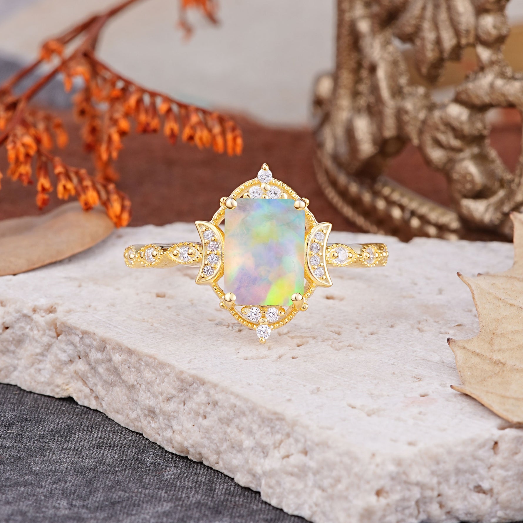 Classic Sparkling Radiant Cut Fire Opal Engagement Ring with Vintage Halo    - Additional view
