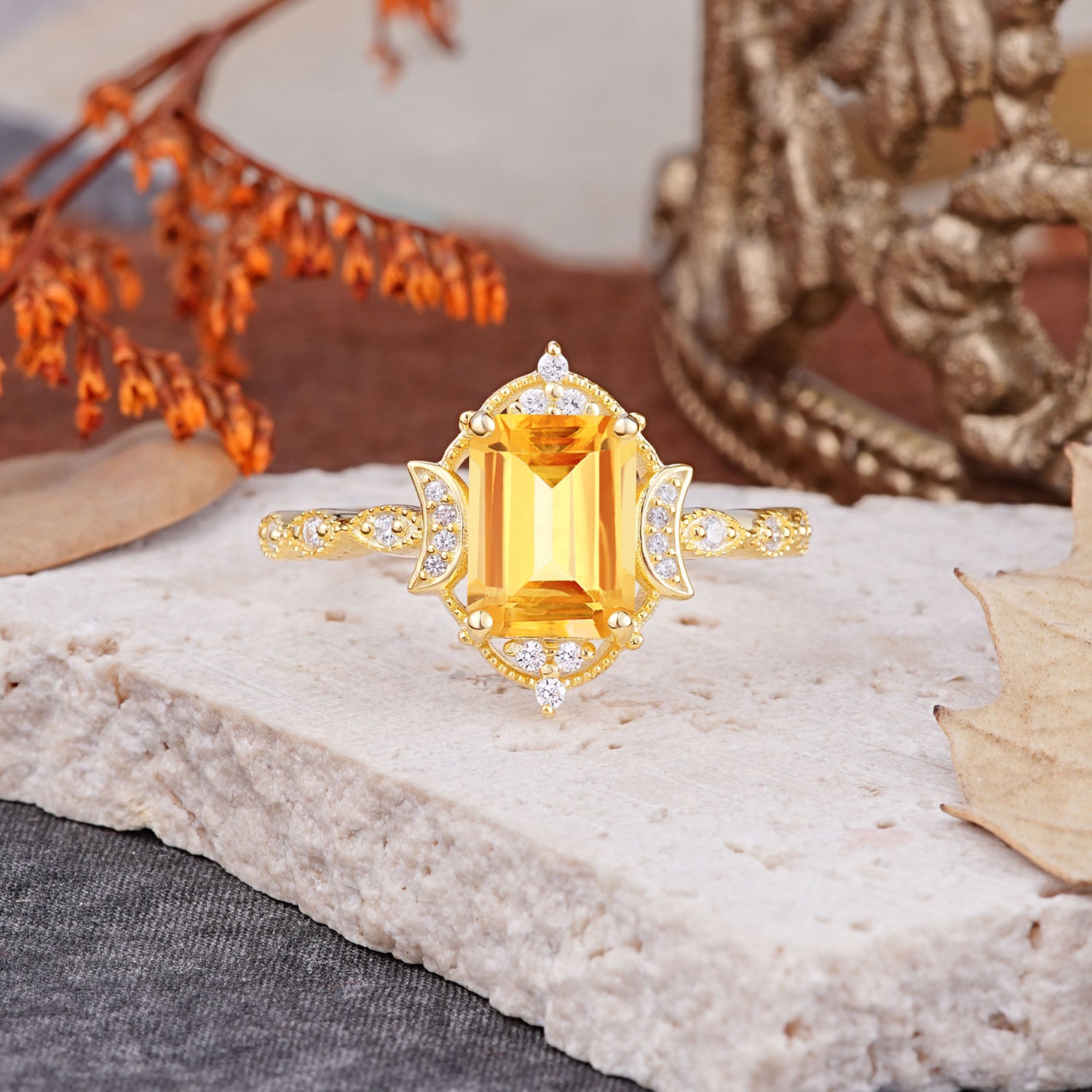 Classic Sparkling Radiant Cut Citrine Engagement Ring with Vintage Halo    - Additional view