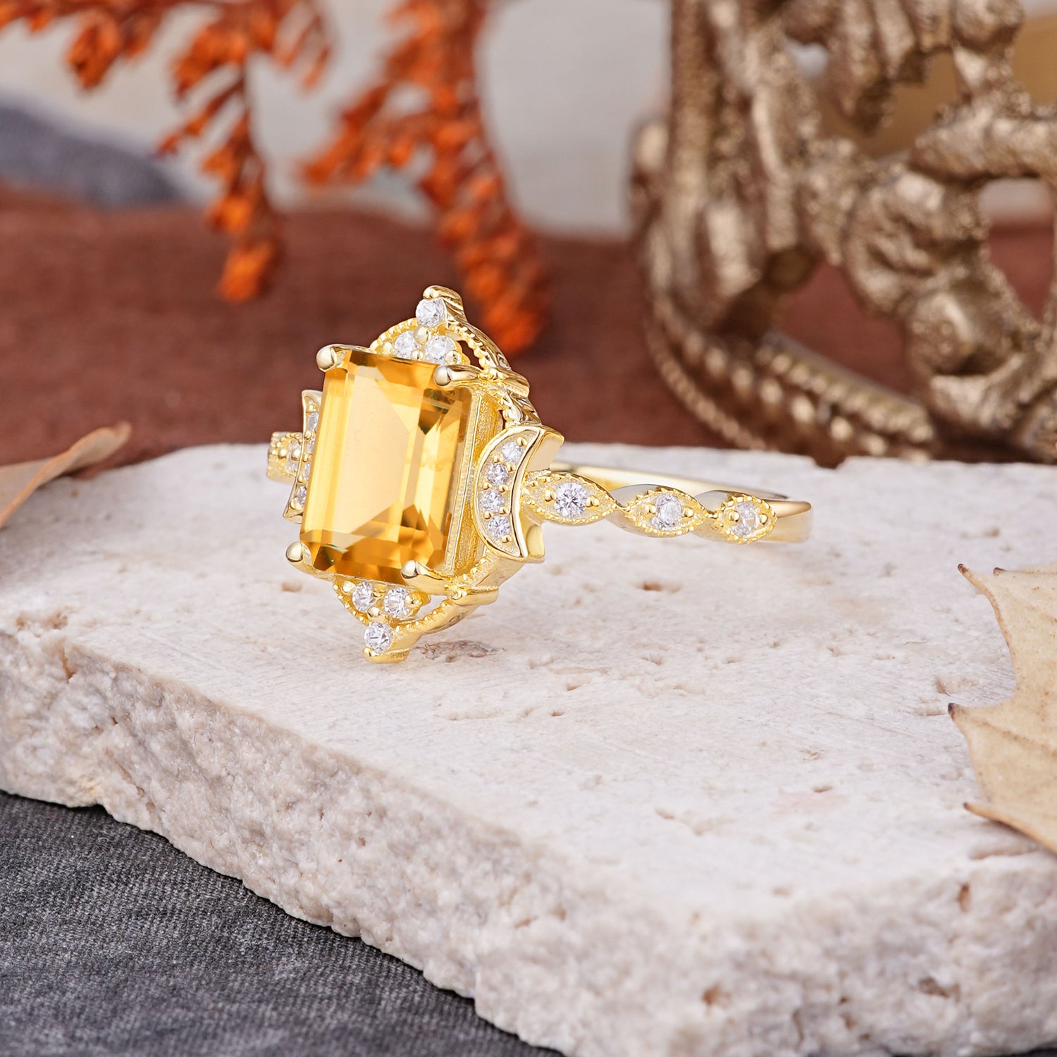 Classic Sparkling Radiant Cut Citrine Engagement Ring with Vintage Halo    - Additional view
