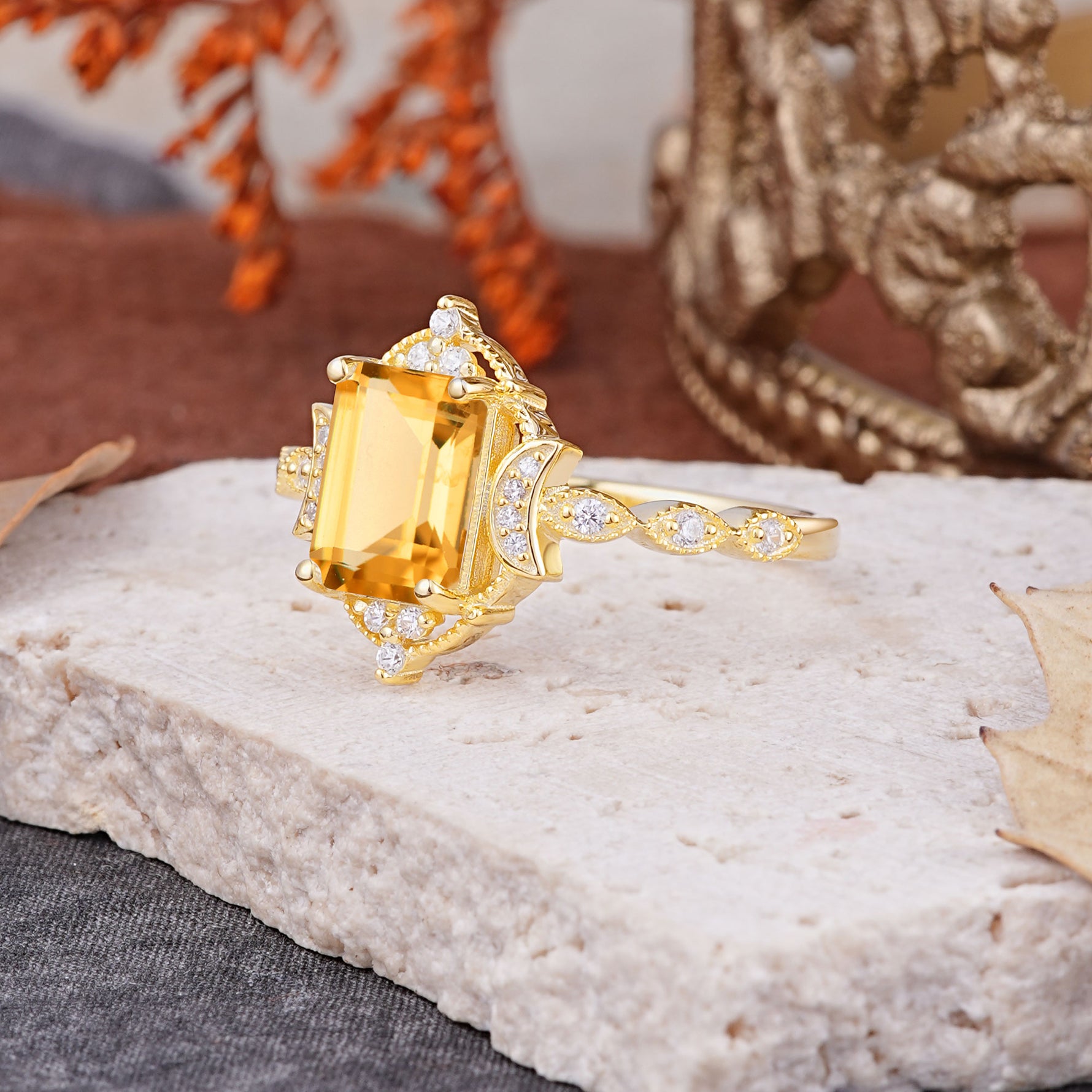Classic Sparkling Radiant Cut Citrine Engagement Ring with Vintage Halo    - Additional view