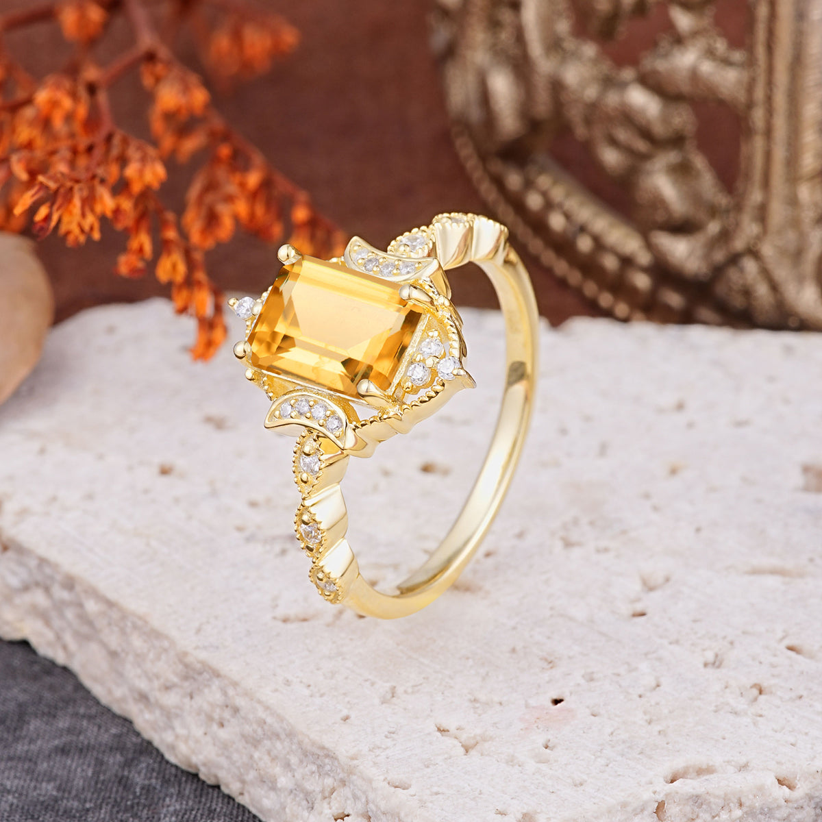 Classic Sparkling Radiant Cut Citrine Engagement Ring with Vintage Halo    - Additional view