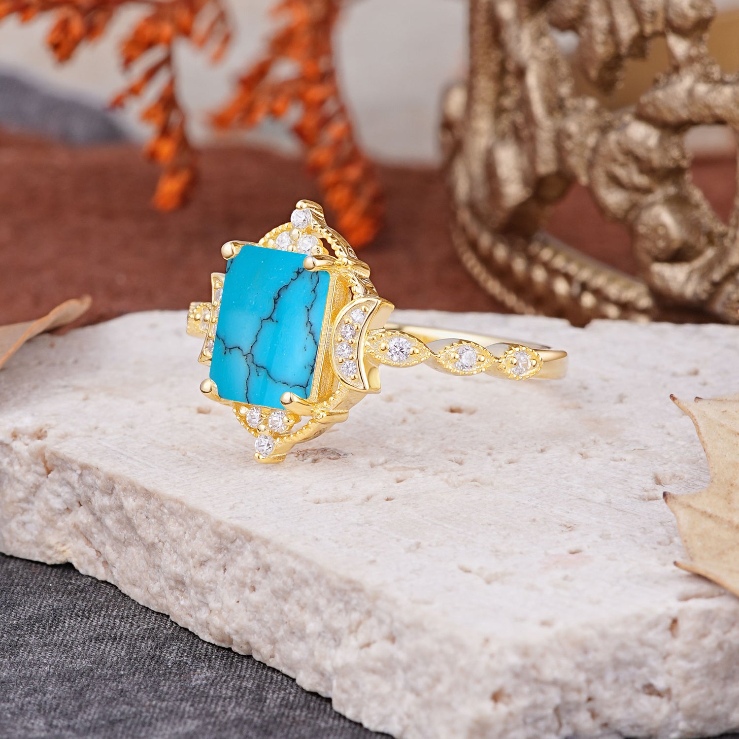 Classic Sparkling Radiant Cut Turquoise Engagement Ring with Vintage Halo    - Additional view