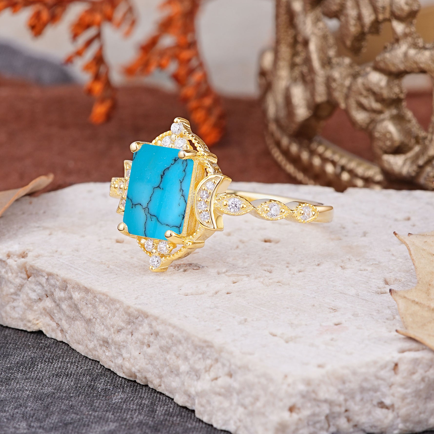 Classic Sparkling Radiant Cut Turquoise Engagement Ring with Vintage Halo    - Additional view